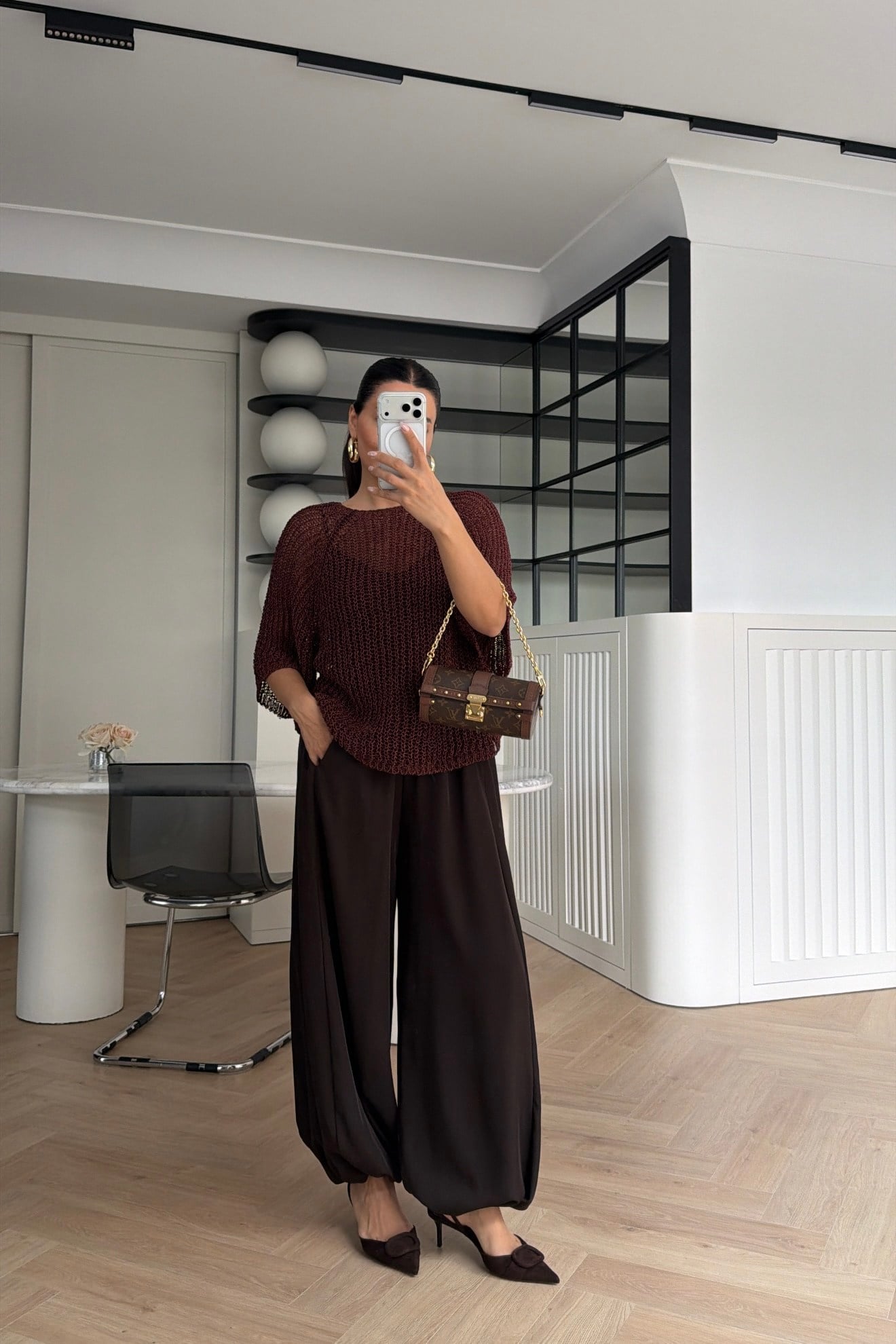 Yarım Kol File Örme Bluz Mürdüm 