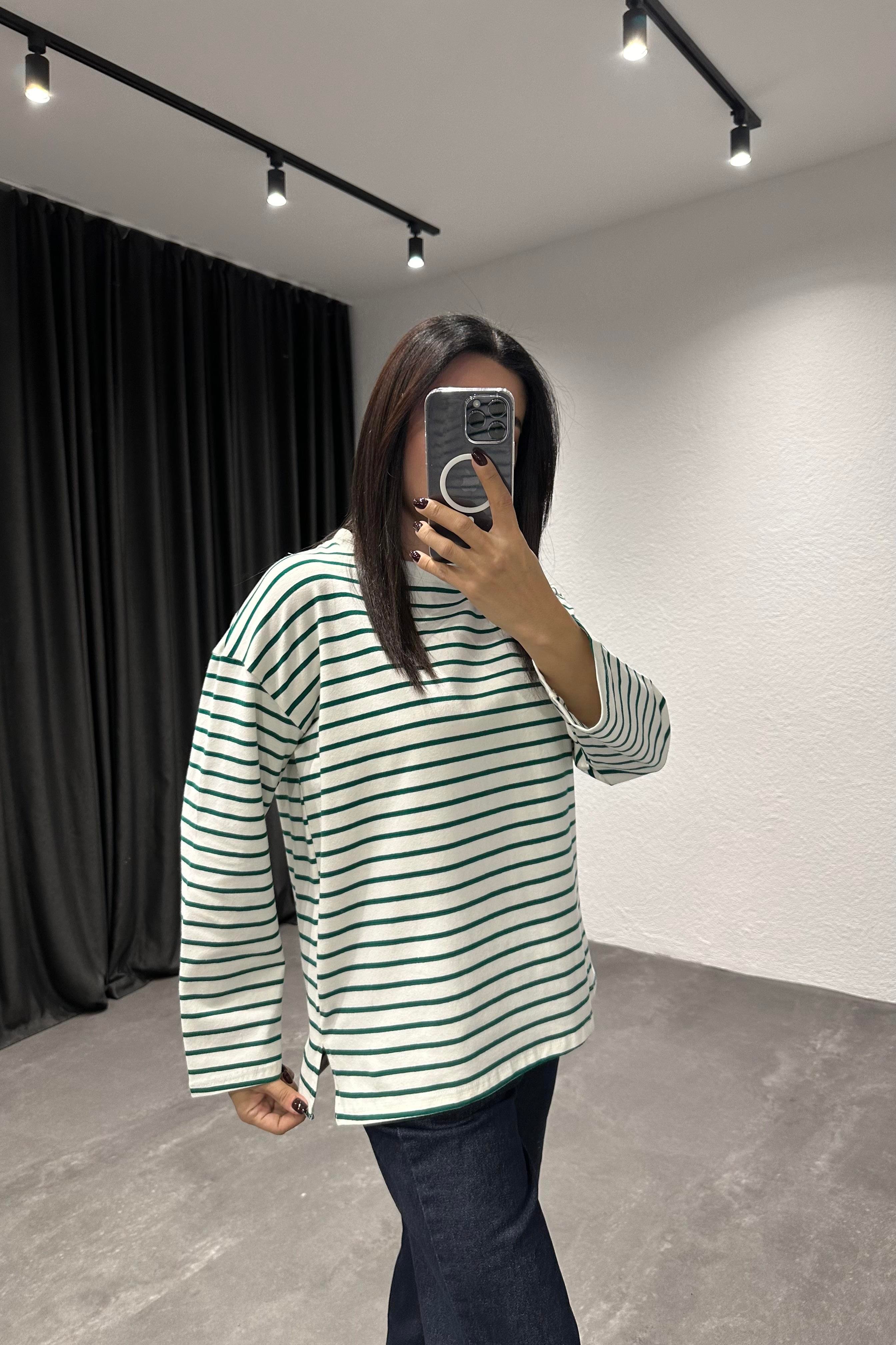 Yeşil Çizgili Uzun Kollu Basic Bluz