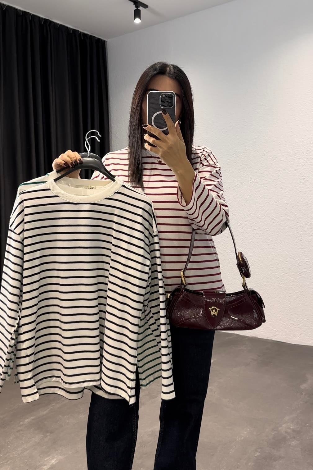 Yeşil Çizgili Uzun Kollu Basic Bluz