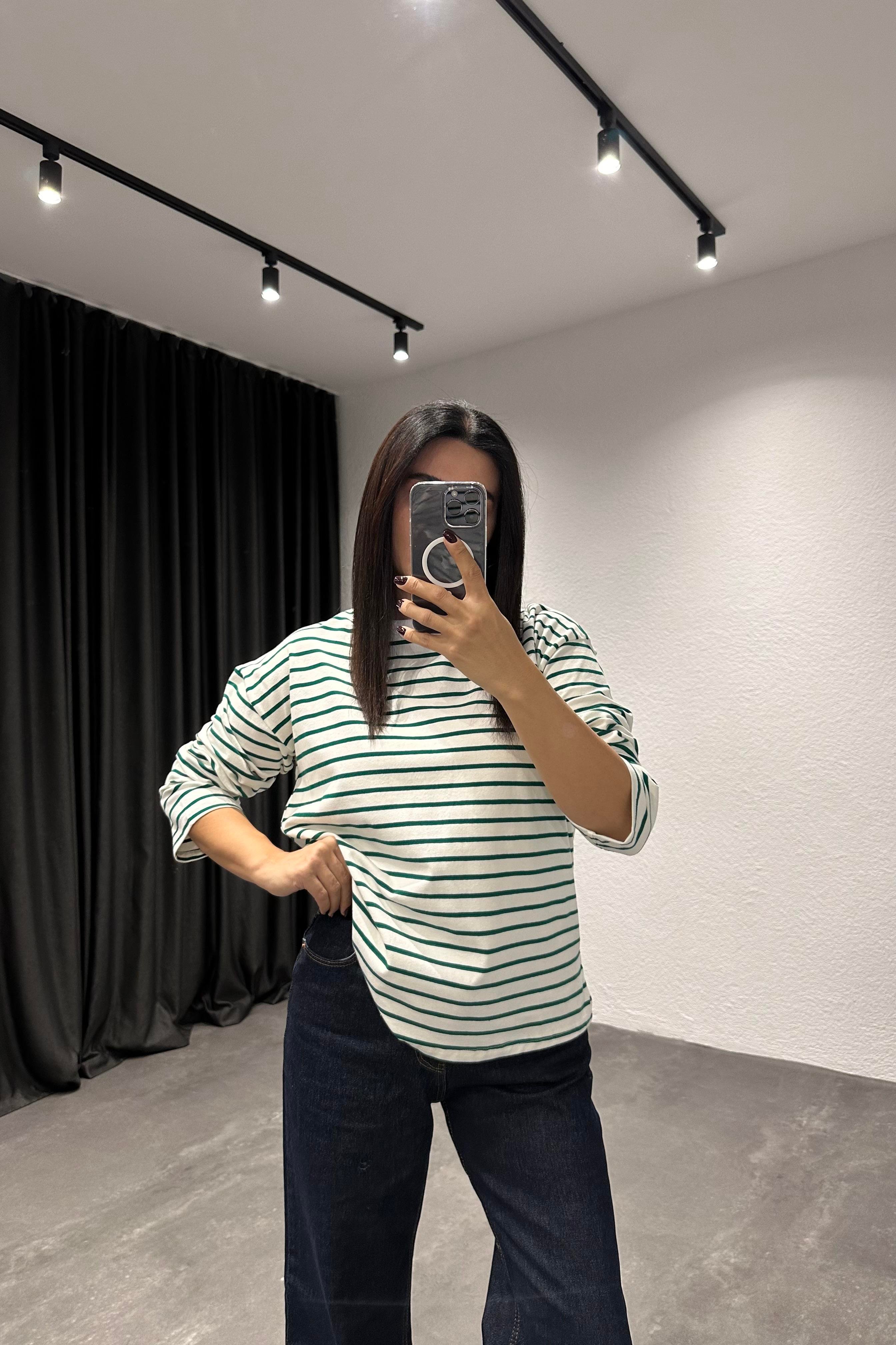 Yeşil Çizgili Uzun Kollu Basic Bluz