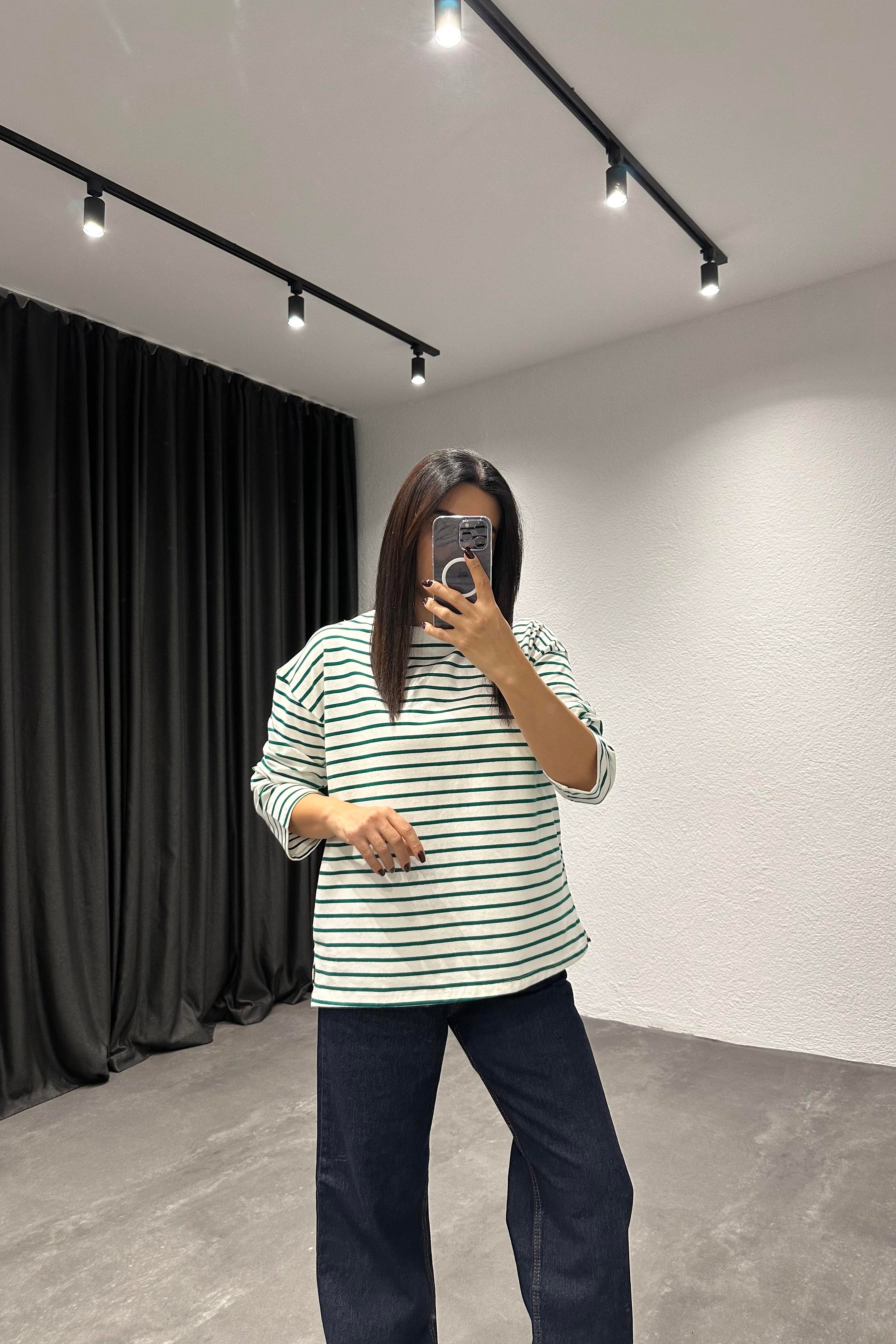 Yeşil Çizgili Uzun Kollu Basic Bluz