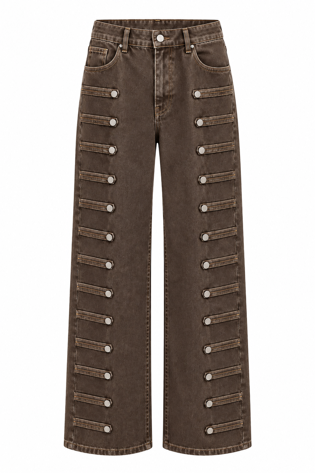 Yüksek Bel Düğmeli Jean Pantolon Kahve 
