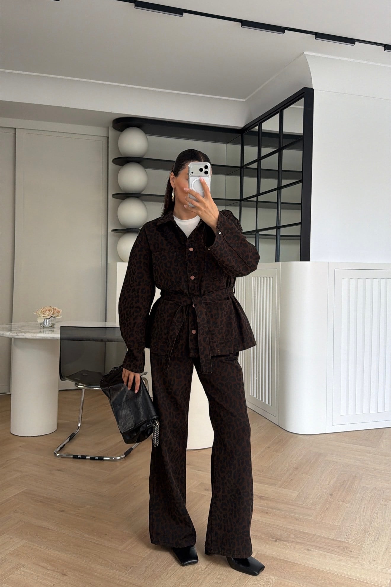 Yüksek Bel Leopar Desenli Denim Pantolon Kahve 