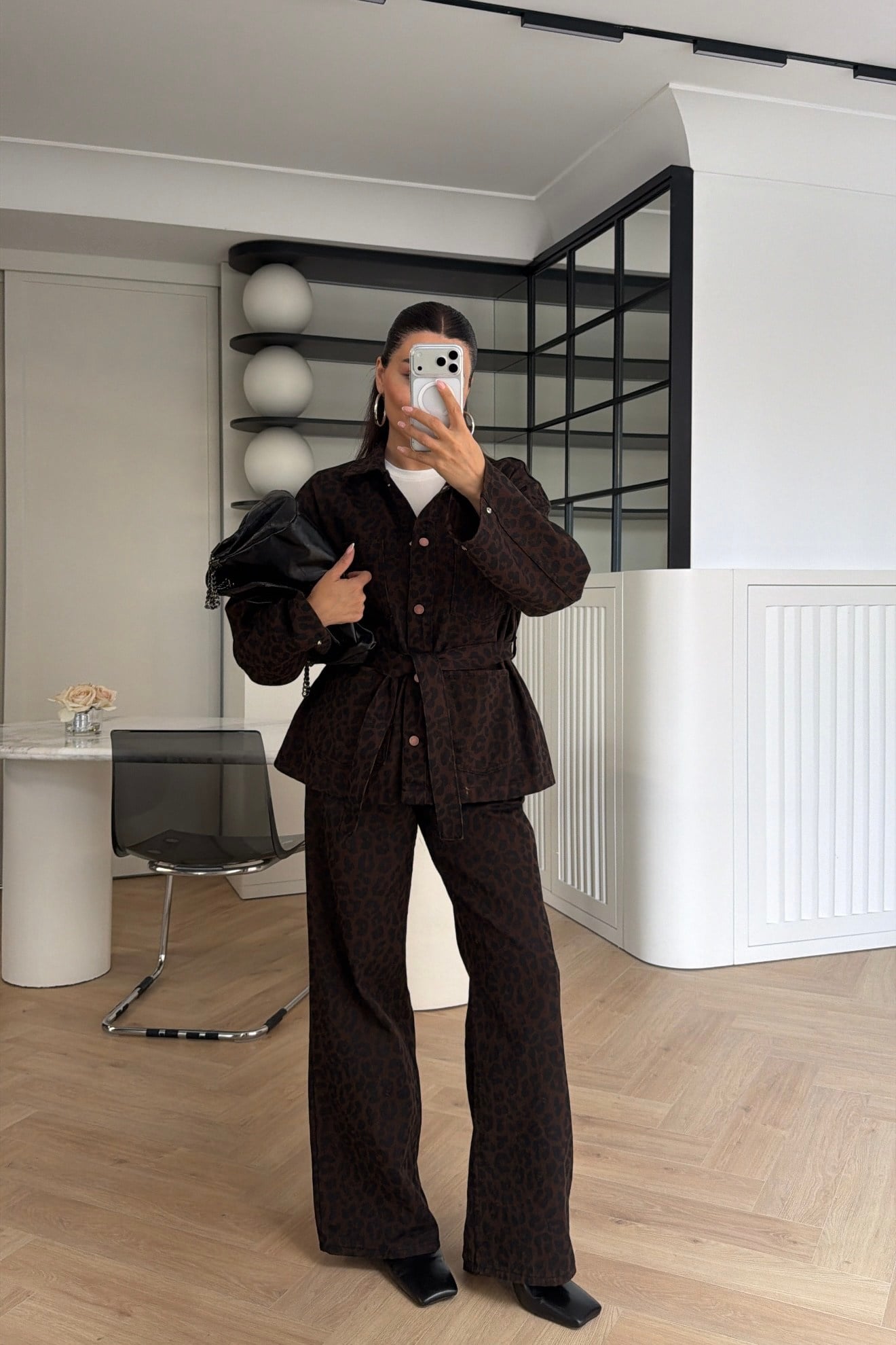 Yüksek Bel Leopar Desenli Denim Pantolon Kahve 