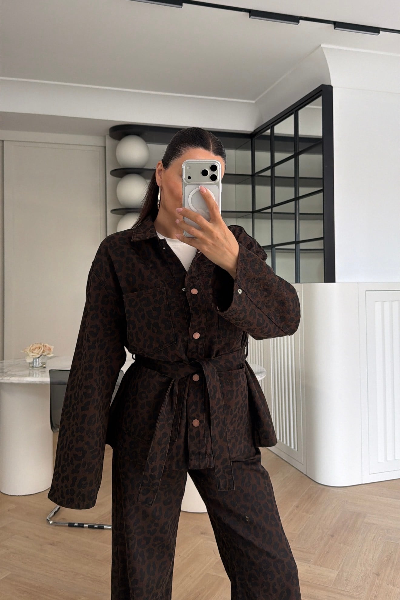 Yüksek Bel Leopar Desenli Denim Pantolon Kahve 
