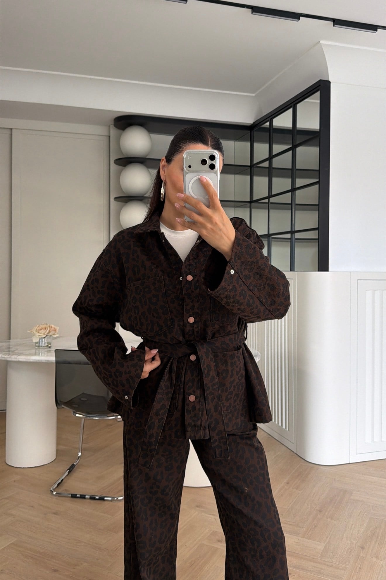 Yüksek Bel Leopar Desenli Denim Pantolon Kahve 