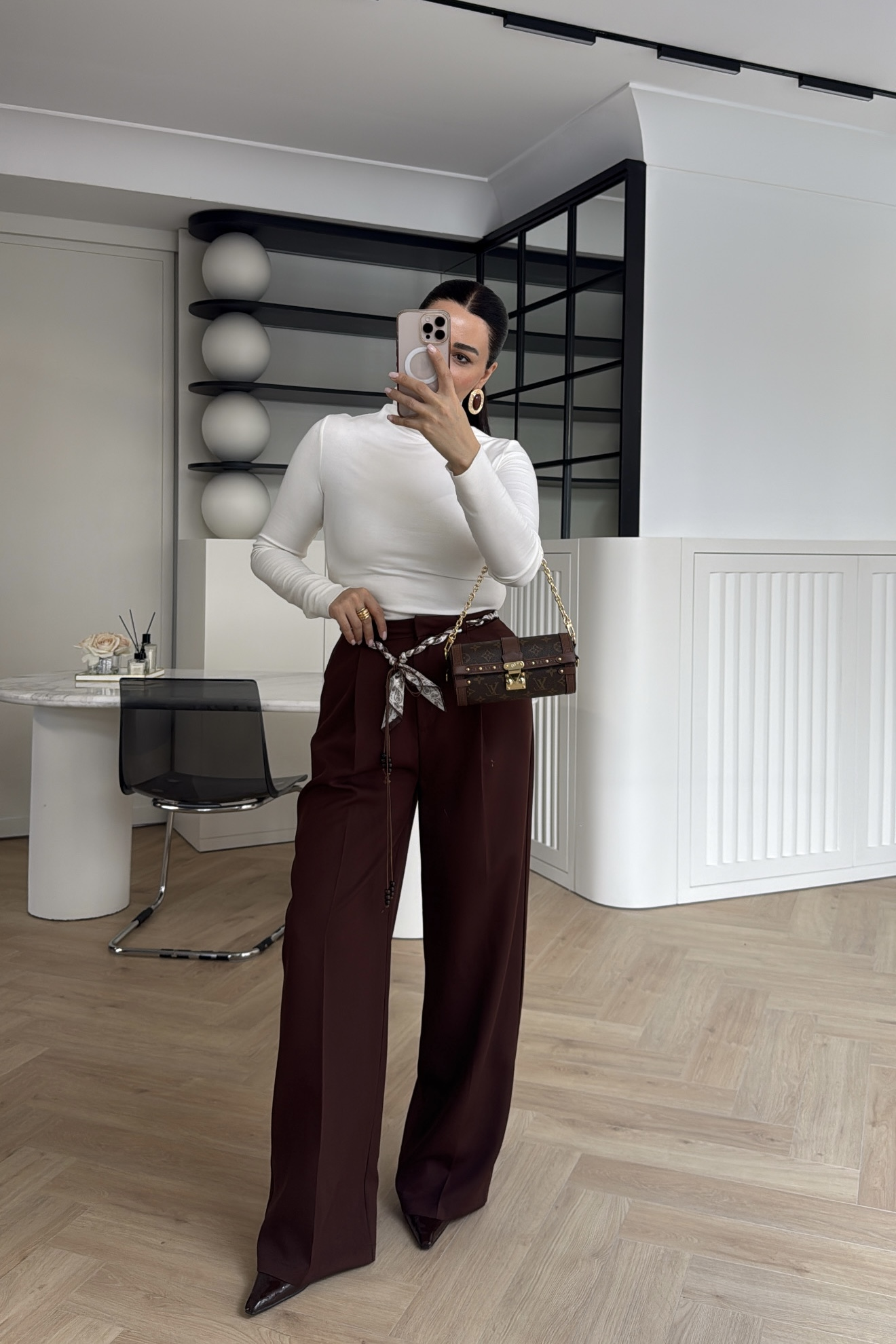 YÜKSEK BEL ŞAL KEMER DETAYLI WİDE LEG PANTOLON KAHVE