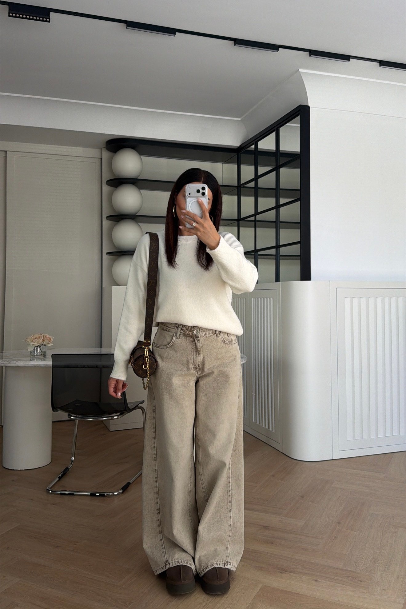 Yüksek Bel Wide Leg Kot Pantolon Bej 