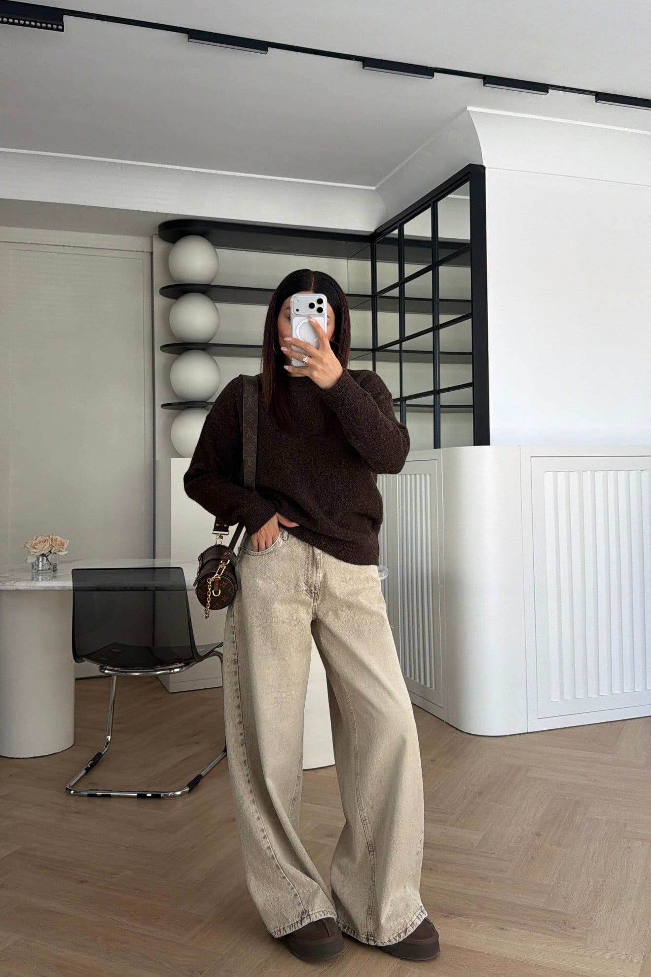 Yüksek Bel Wide Leg Kot Pantolon Bej 