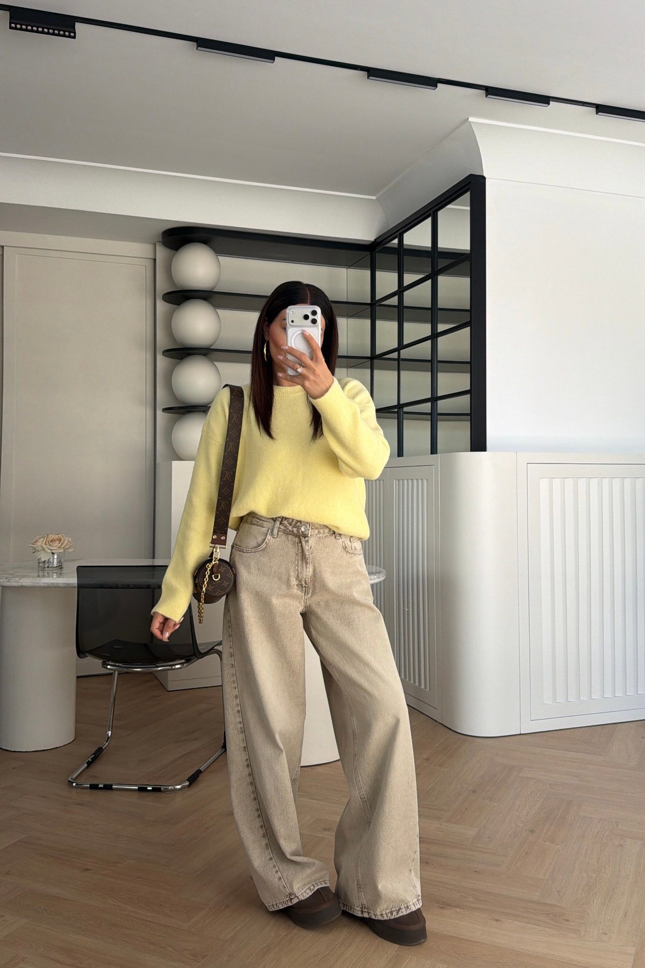 Yüksek Bel Wide Leg Kot Pantolon Bej 