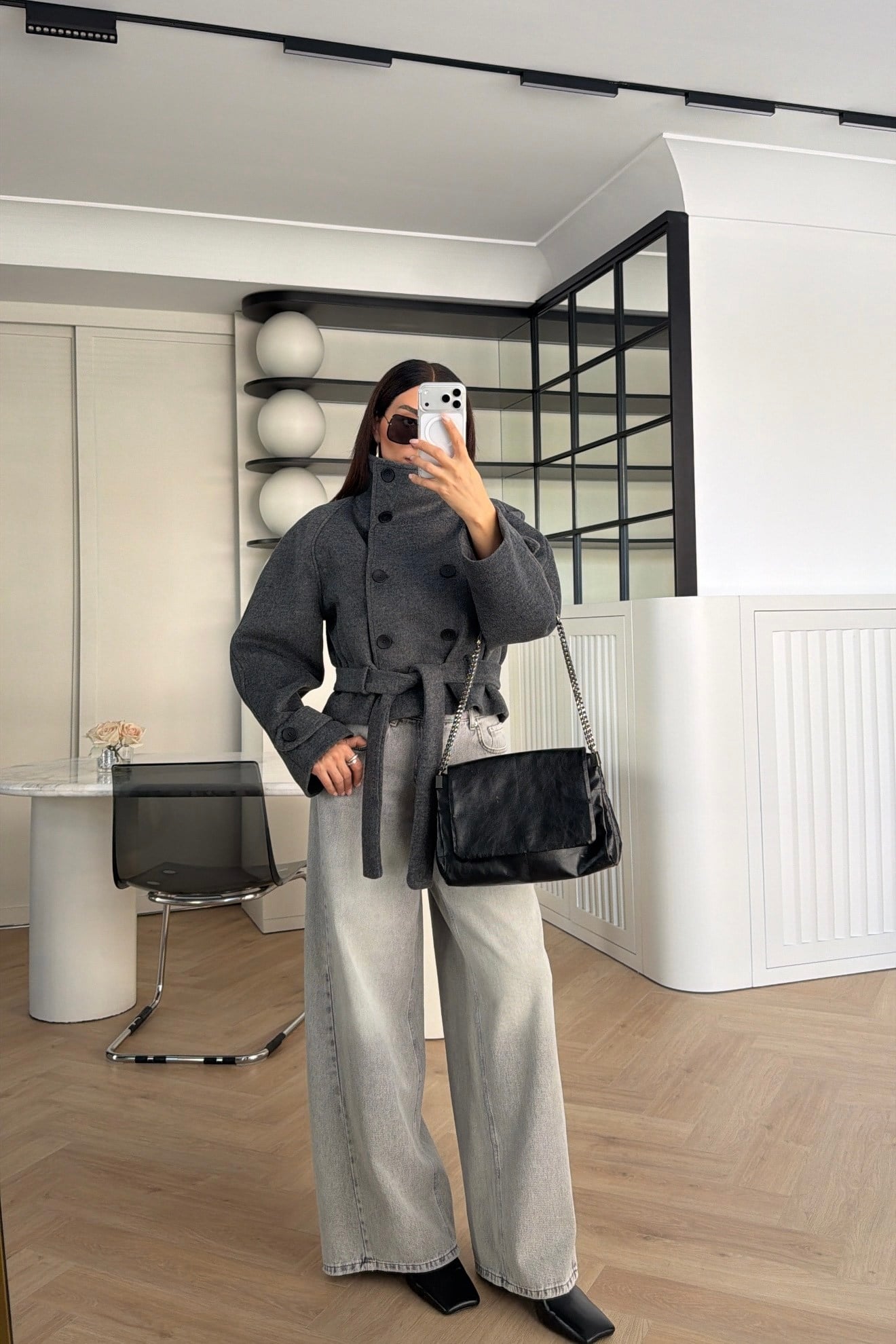 Yüksek Bel Wide Leg Kot Pantolon Gri 