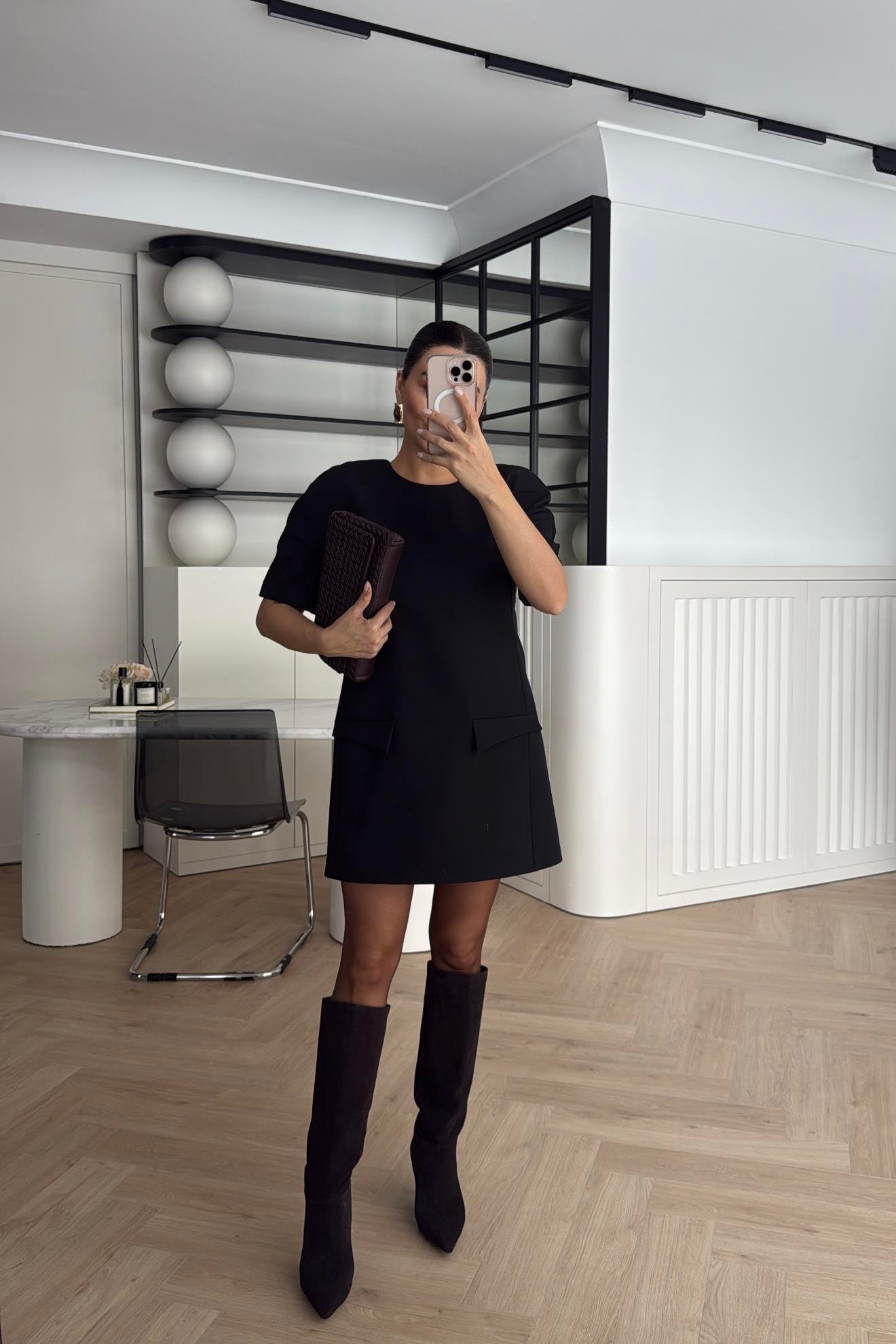 ZR MODEL VATKALI KISA ELBİSE SİYAH 