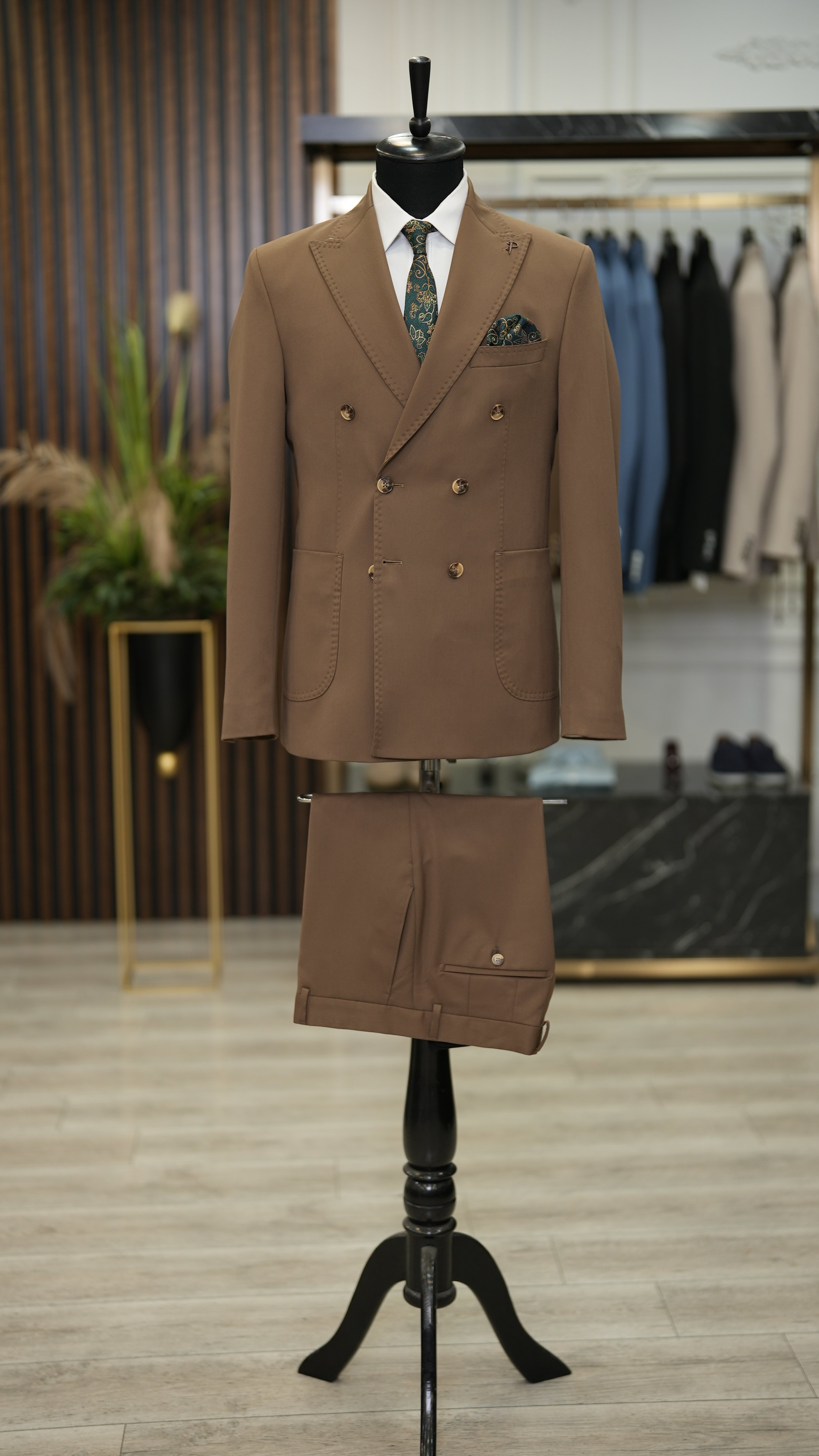 Erkek Kruvaze Takım Elbise italyan Stil Slim fit Tulum Cepli Ceket Pantolon - Sütlü Kahve