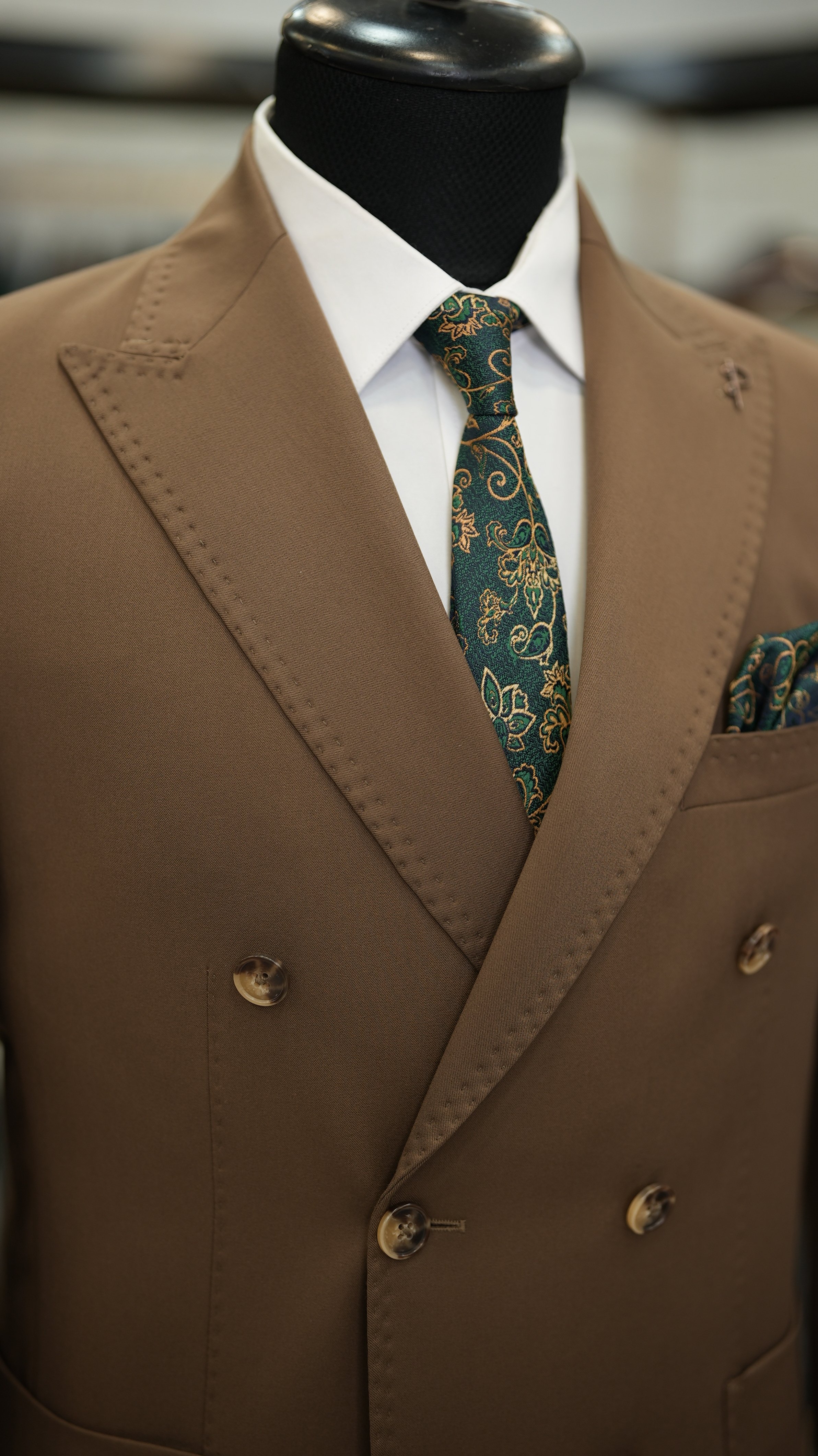 Erkek Kruvaze Takım Elbise italyan Stil Slim fit Tulum Cepli Ceket Pantolon - Sütlü Kahve