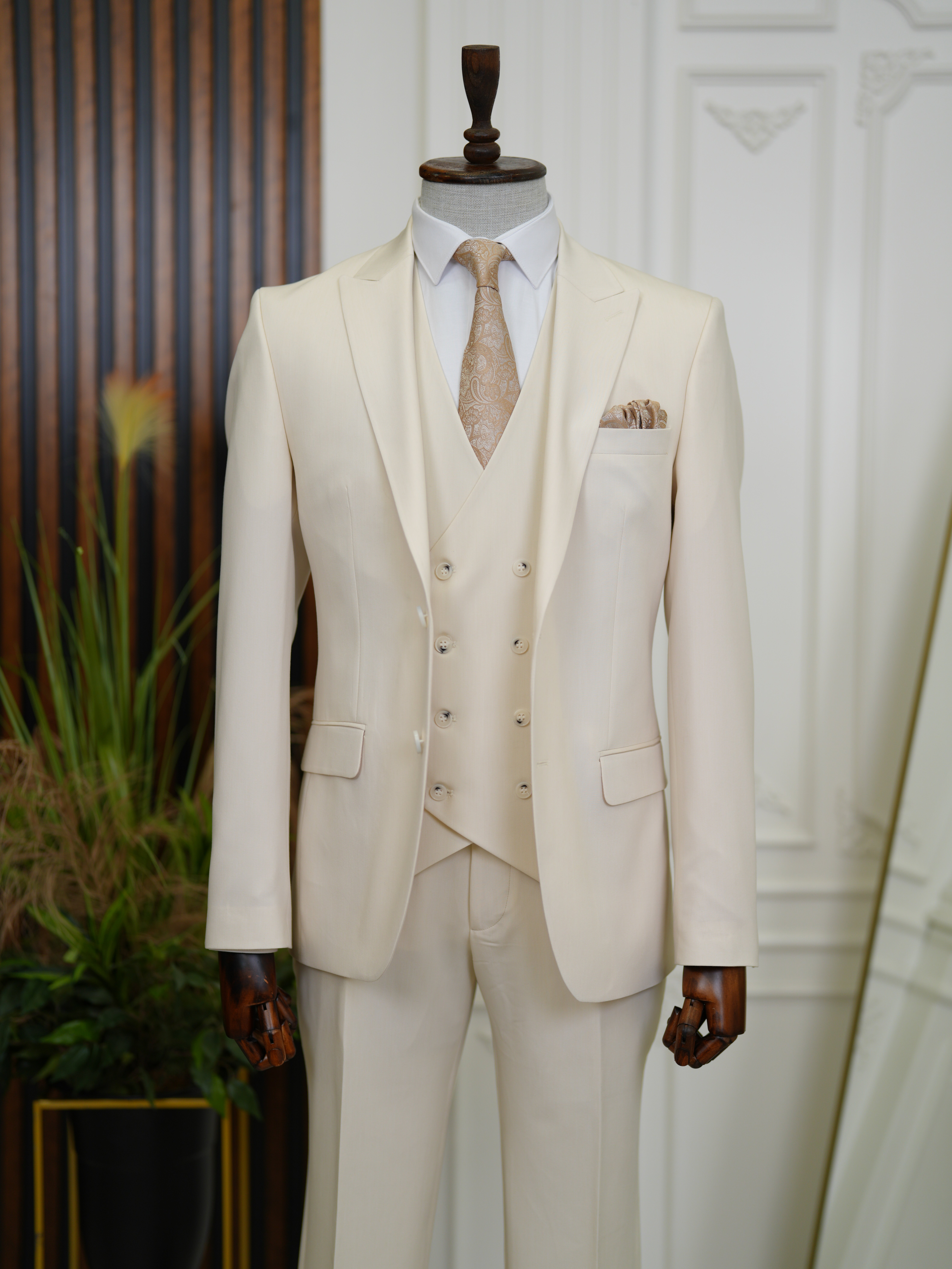 Erkek Slim Fit İtalyan Stil Yelekli Takım Elbise - Bej