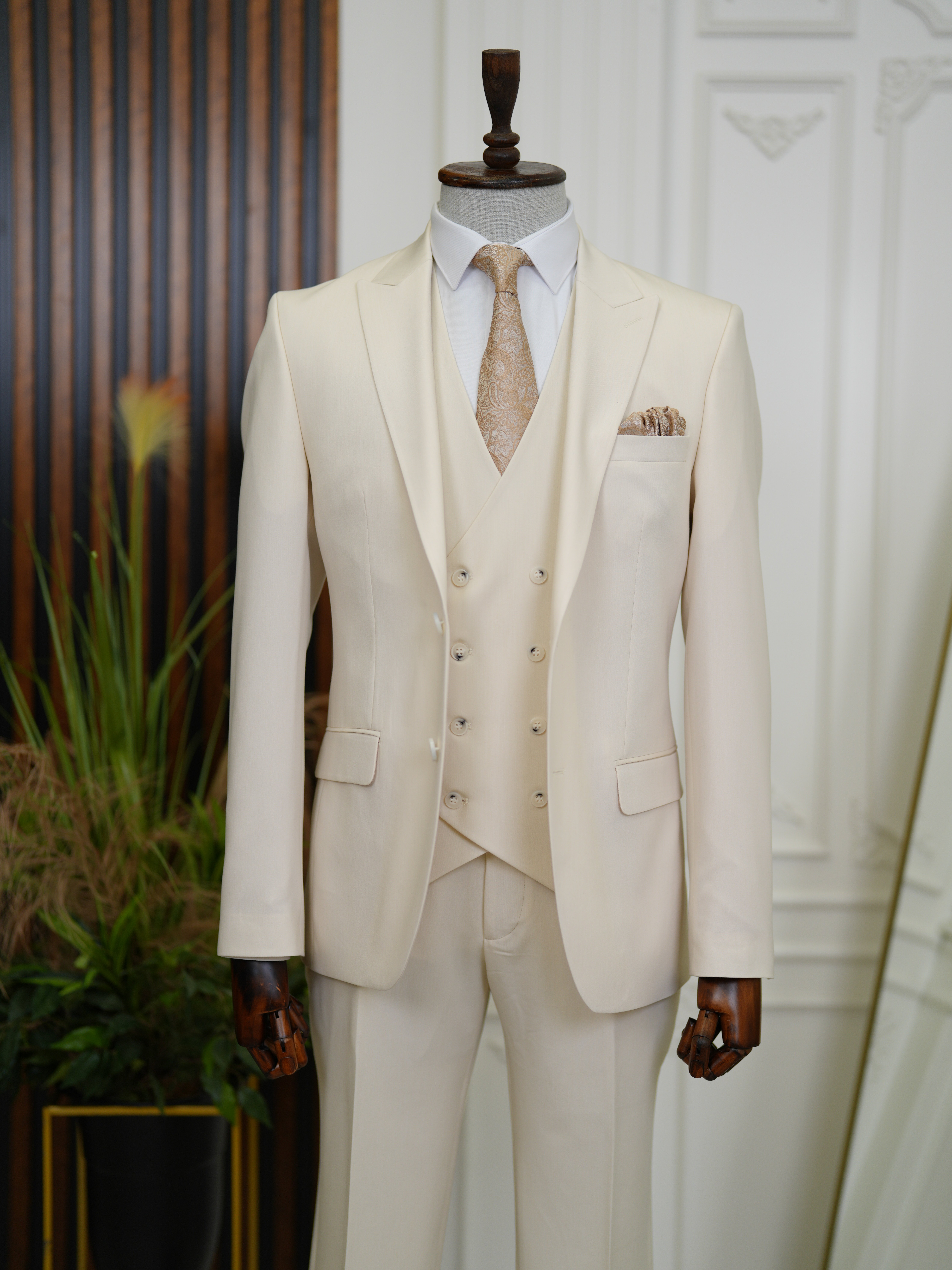 Erkek Slim Fit İtalyan Stil Yelekli Takım Elbise - Bej