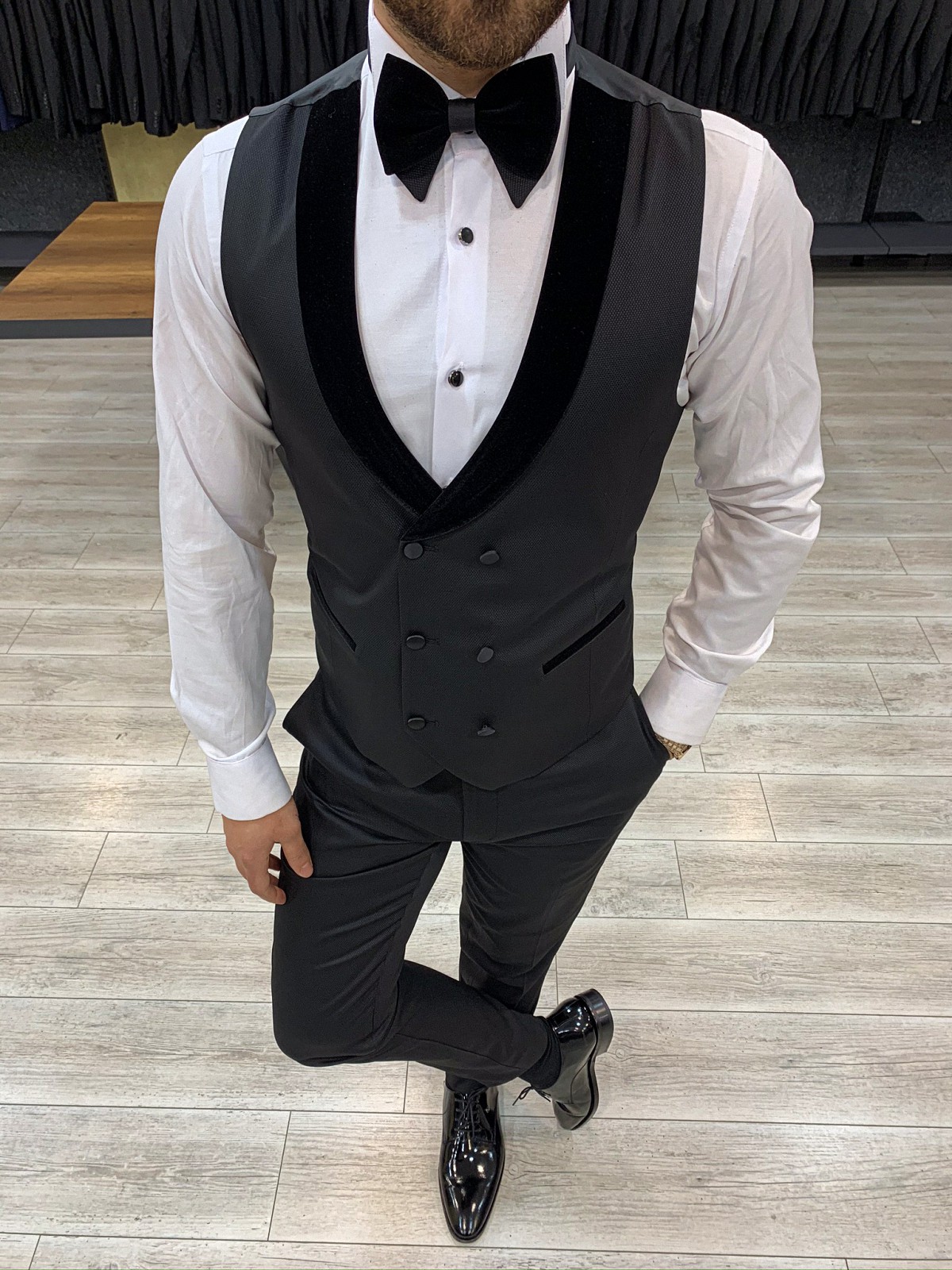 Erkek Smokin Damatlık Armürlü Kadife Kırlangıç Yaka İtalyan Kesim Slim Fit Ceket Yelek Pantolon Papyon-Siyah