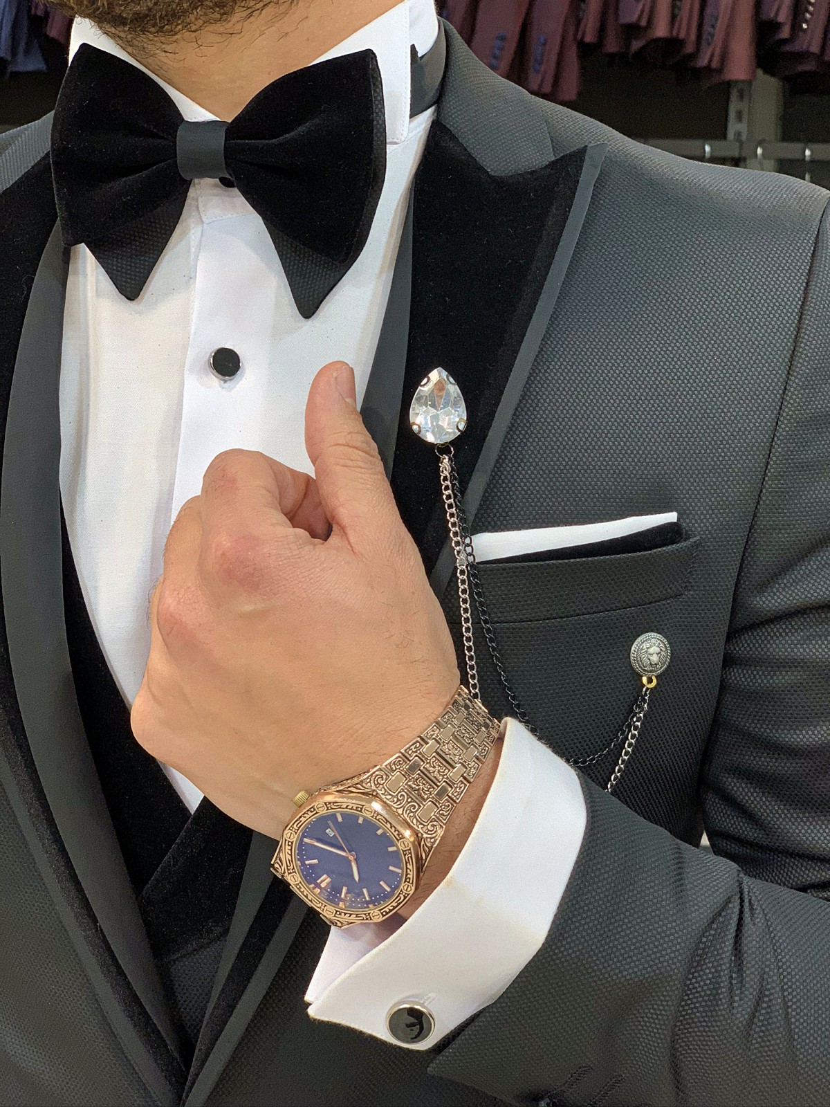 Erkek Smokin Damatlık Armürlü Kadife Kırlangıç Yaka İtalyan Kesim Slim Fit Ceket Yelek Pantolon Papyon-Siyah