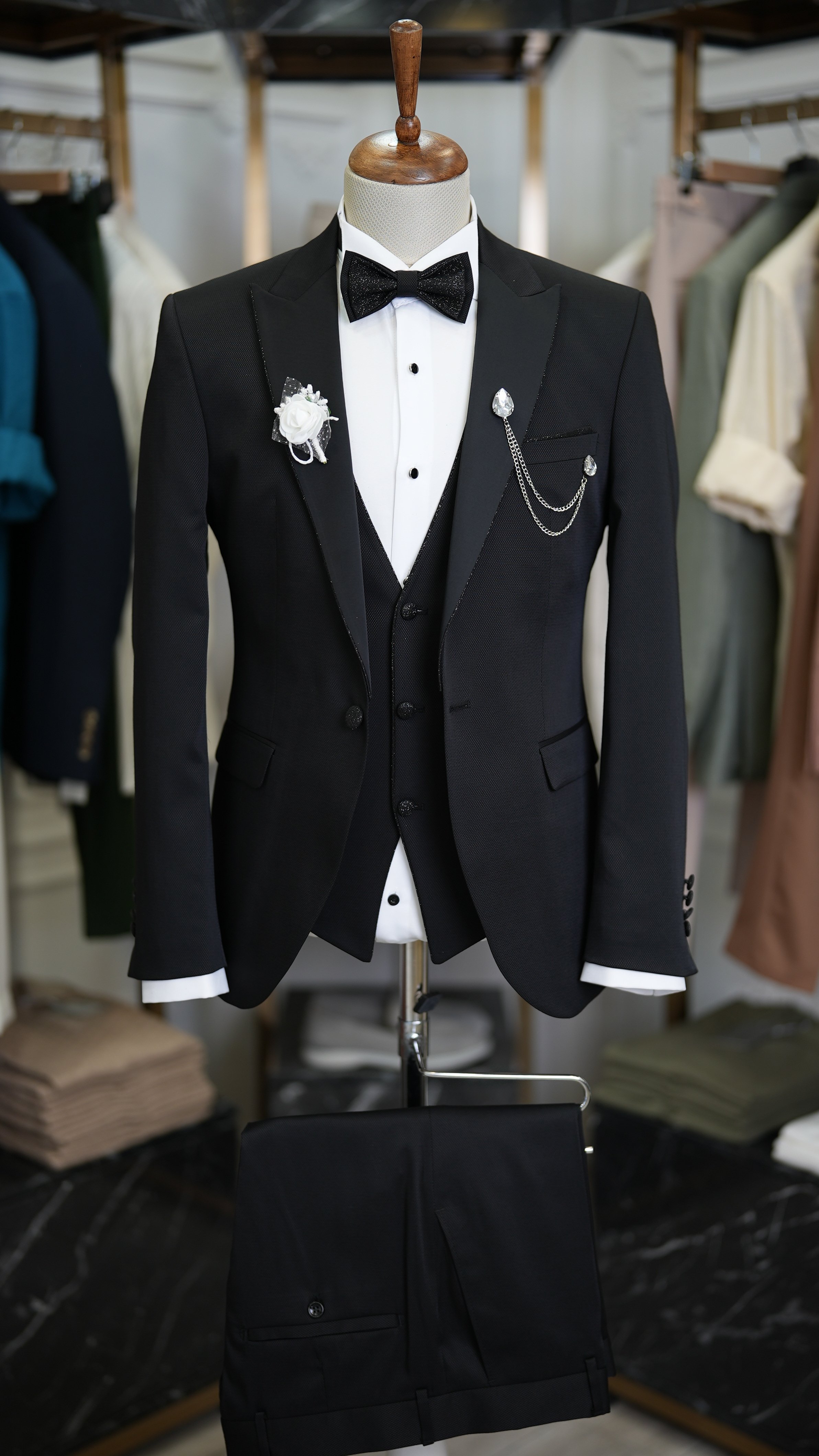Erkek Smokin Damatlık Simli Kırlangıç Yaka İtalyan Kesim Slim Fit Ceket Yelek Pantolon Papyon-Siyah