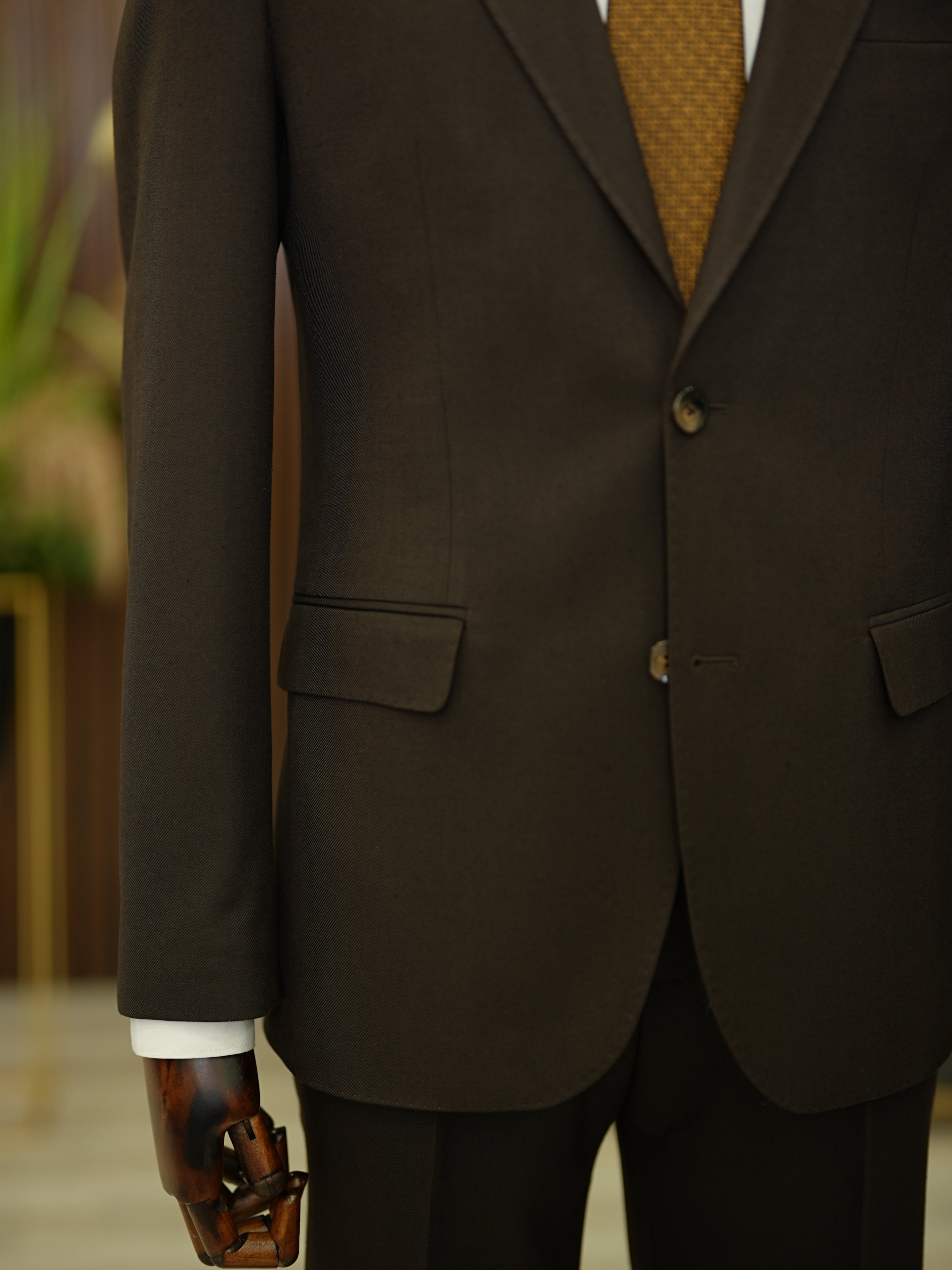 Premium Erkek Slim Fit İtalyan Stil Punto Dikişli Yarım Astarlı Takım Elbise Ceket Pantolon - Acı Kahve