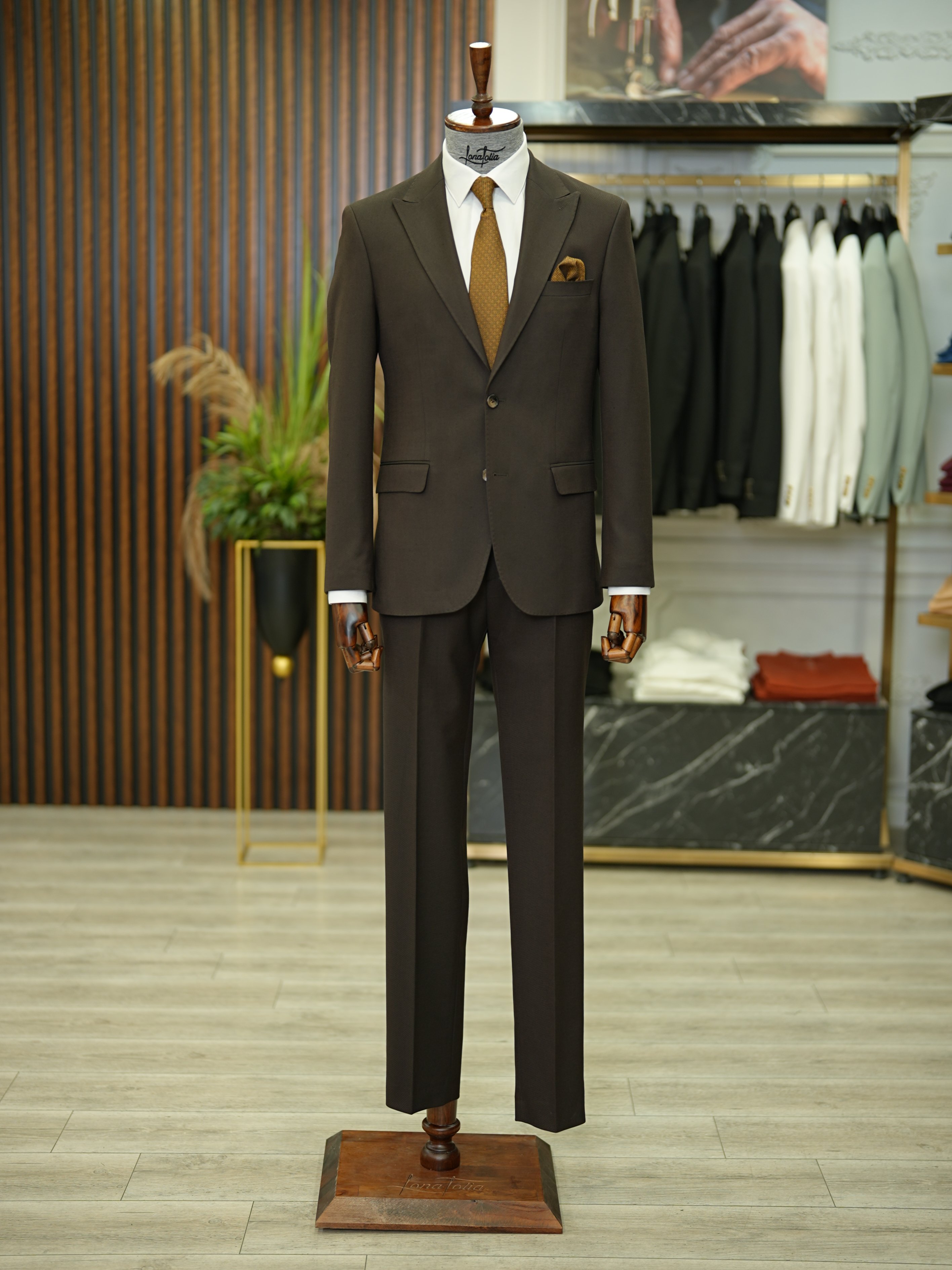 Premium Erkek Slim Fit İtalyan Stil Punto Dikişli Yarım Astarlı Takım Elbise Ceket Pantolon - Acı Kahve