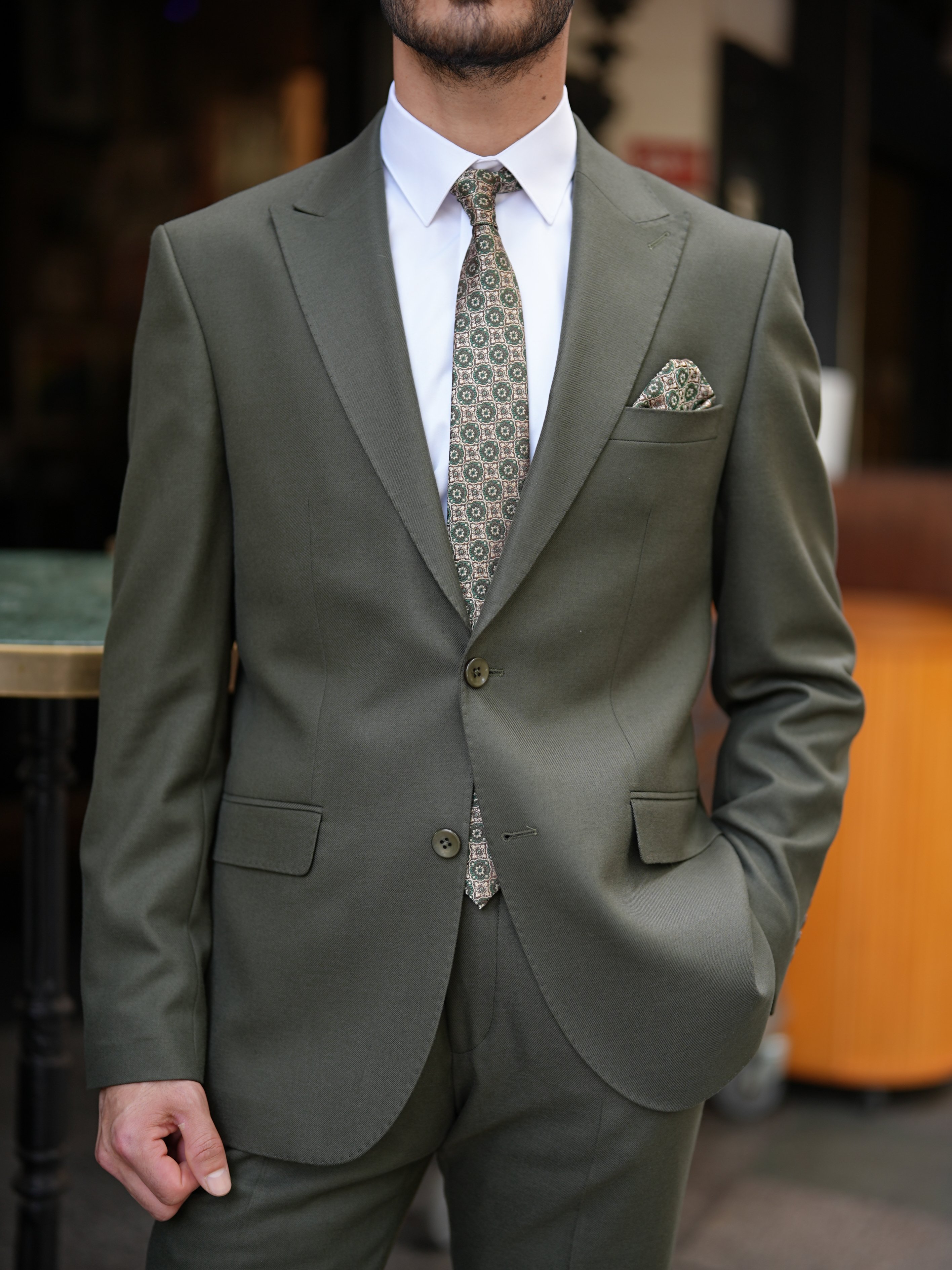 Premium Erkek Slim Fit İtalyan Stil Punto Dikişli Yarım Astarlı Takım Elbise Ceket Pantolon - Haki