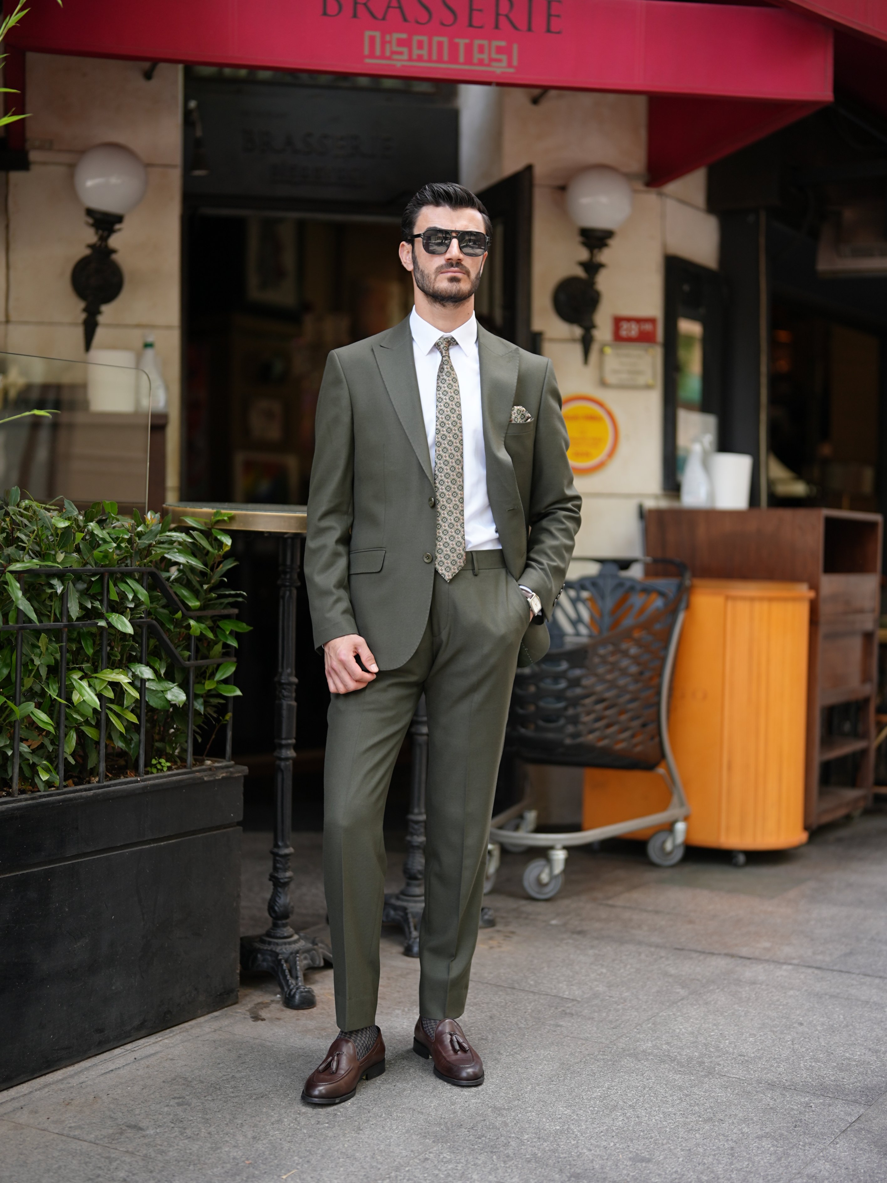 Premium Erkek Slim Fit İtalyan Stil Punto Dikişli Yarım Astarlı Takım Elbise Ceket Pantolon - Haki