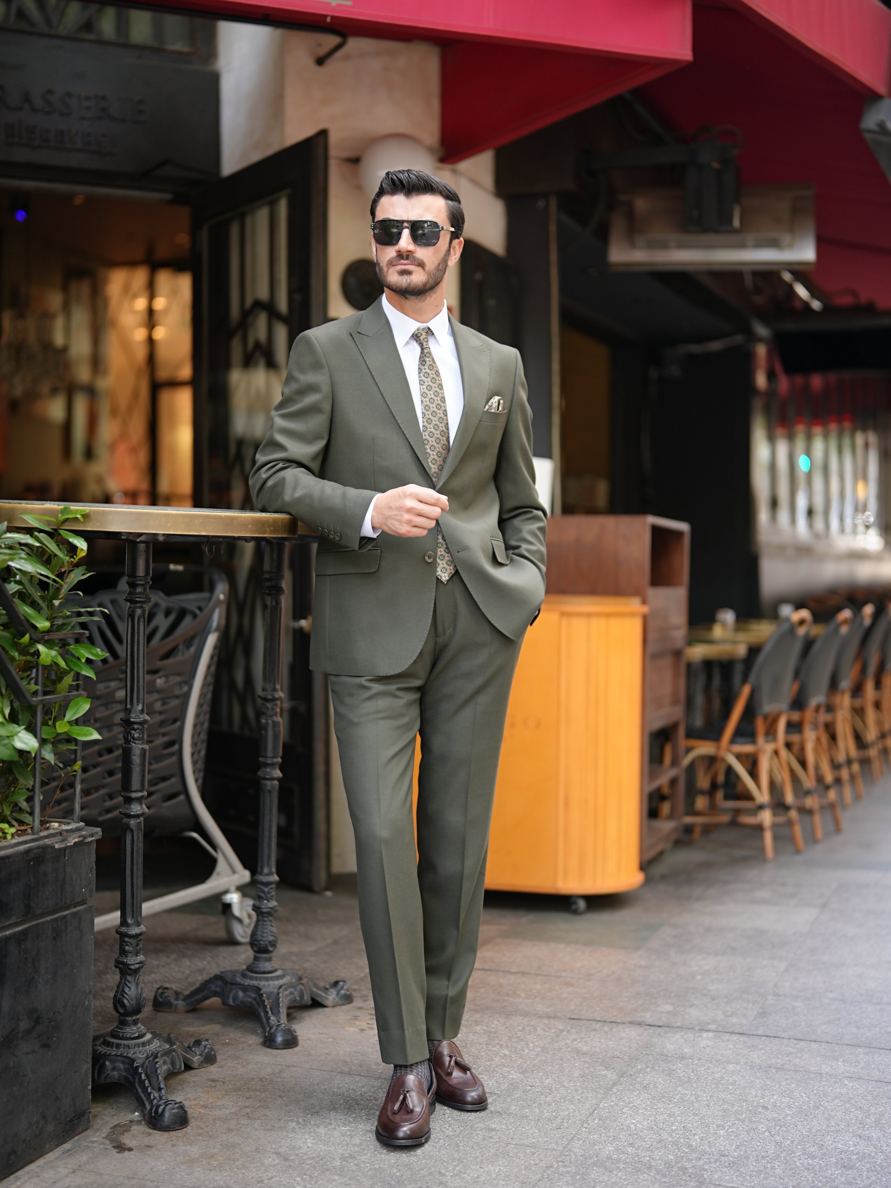 Premium Erkek Slim Fit İtalyan Stil Punto Dikişli Yarım Astarlı Takım Elbise Ceket Pantolon - Haki