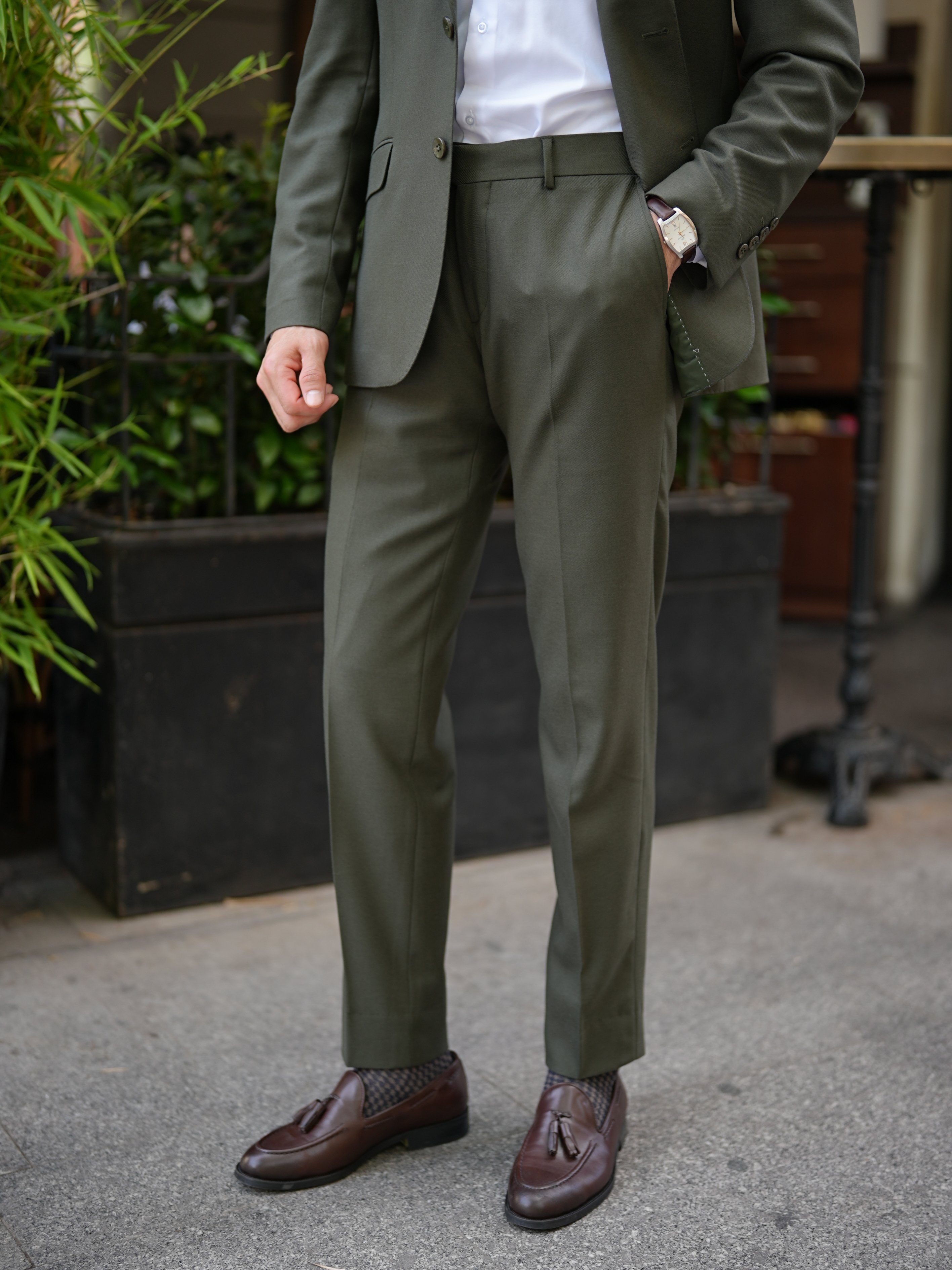 Premium Erkek Slim Fit İtalyan Stil Punto Dikişli Yarım Astarlı Takım Elbise Ceket Pantolon - Haki