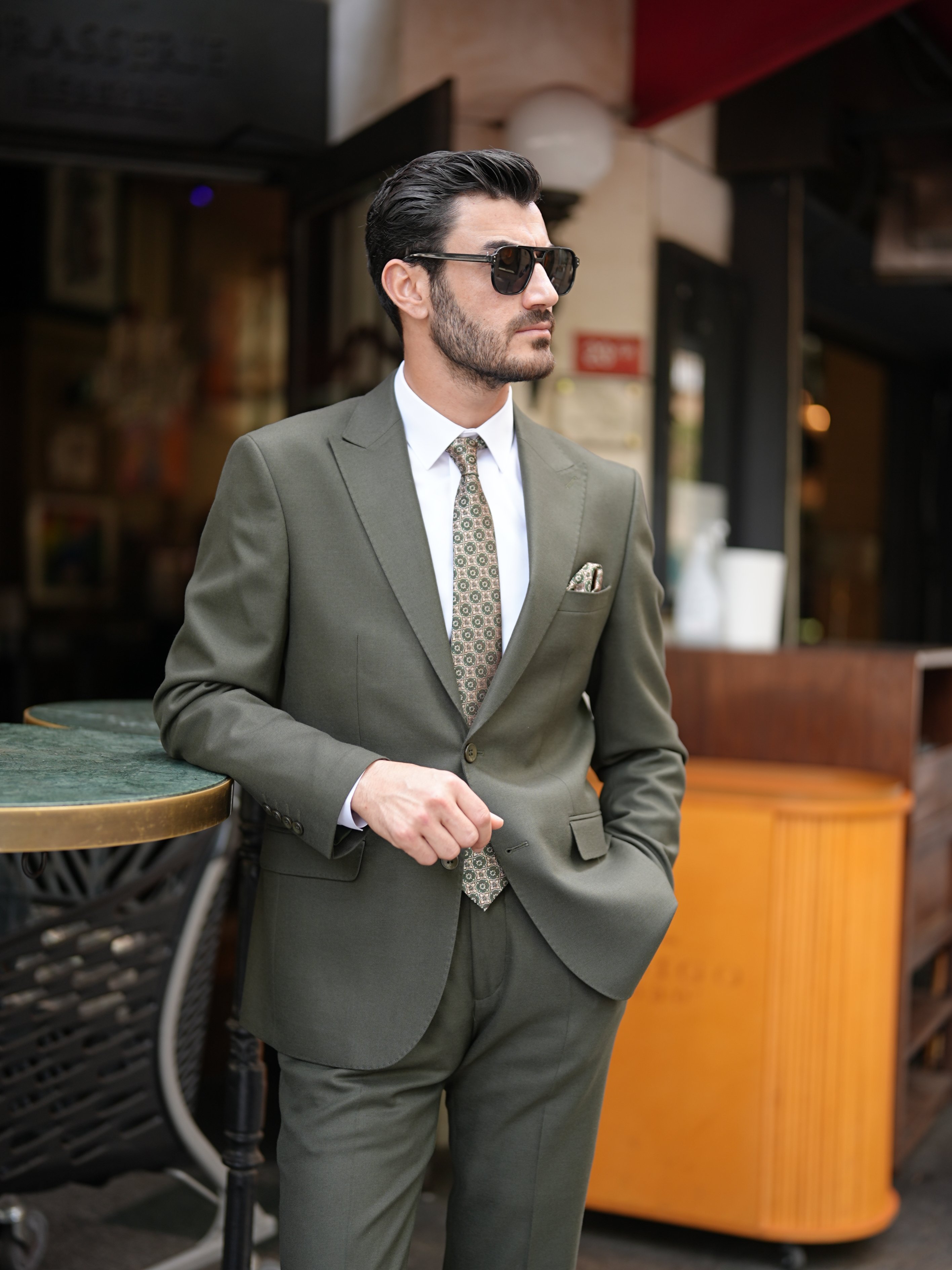 Premium Erkek Slim Fit İtalyan Stil Punto Dikişli Yarım Astarlı Takım Elbise Ceket Pantolon - Haki