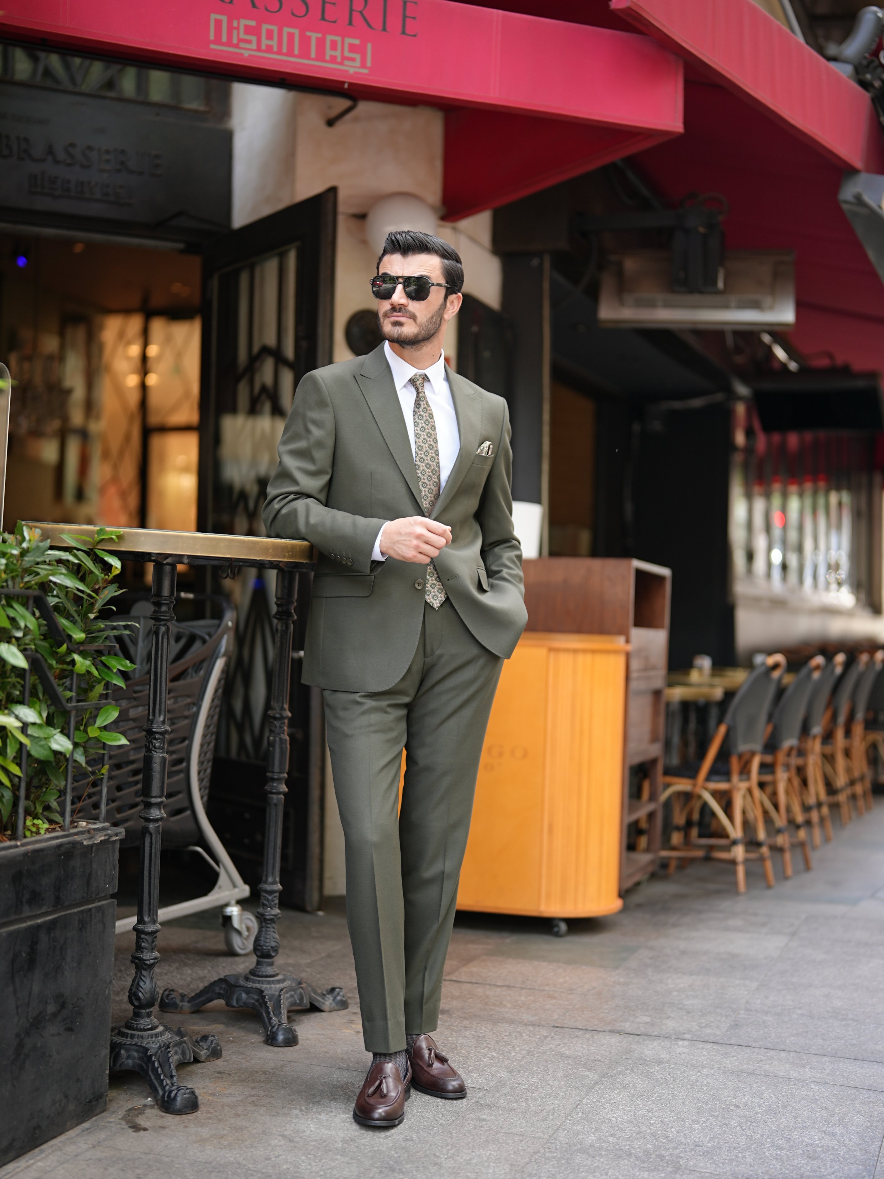 Premium Erkek Slim Fit İtalyan Stil Punto Dikişli Yarım Astarlı Takım Elbise Ceket Pantolon - Haki