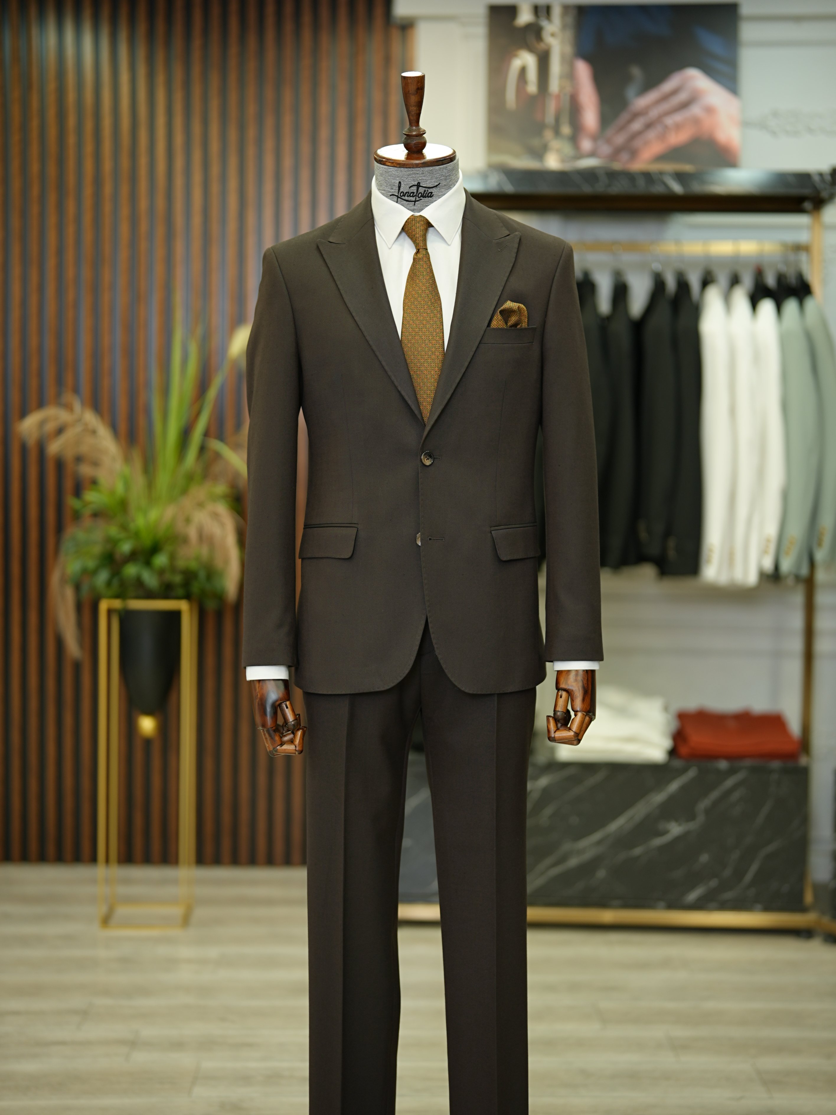 Premium Erkek Slim Fit İtalyan Stil Punto Dikişli Yarım Astarlı Takım Elbise Ceket Pantolon - Acı Kahve