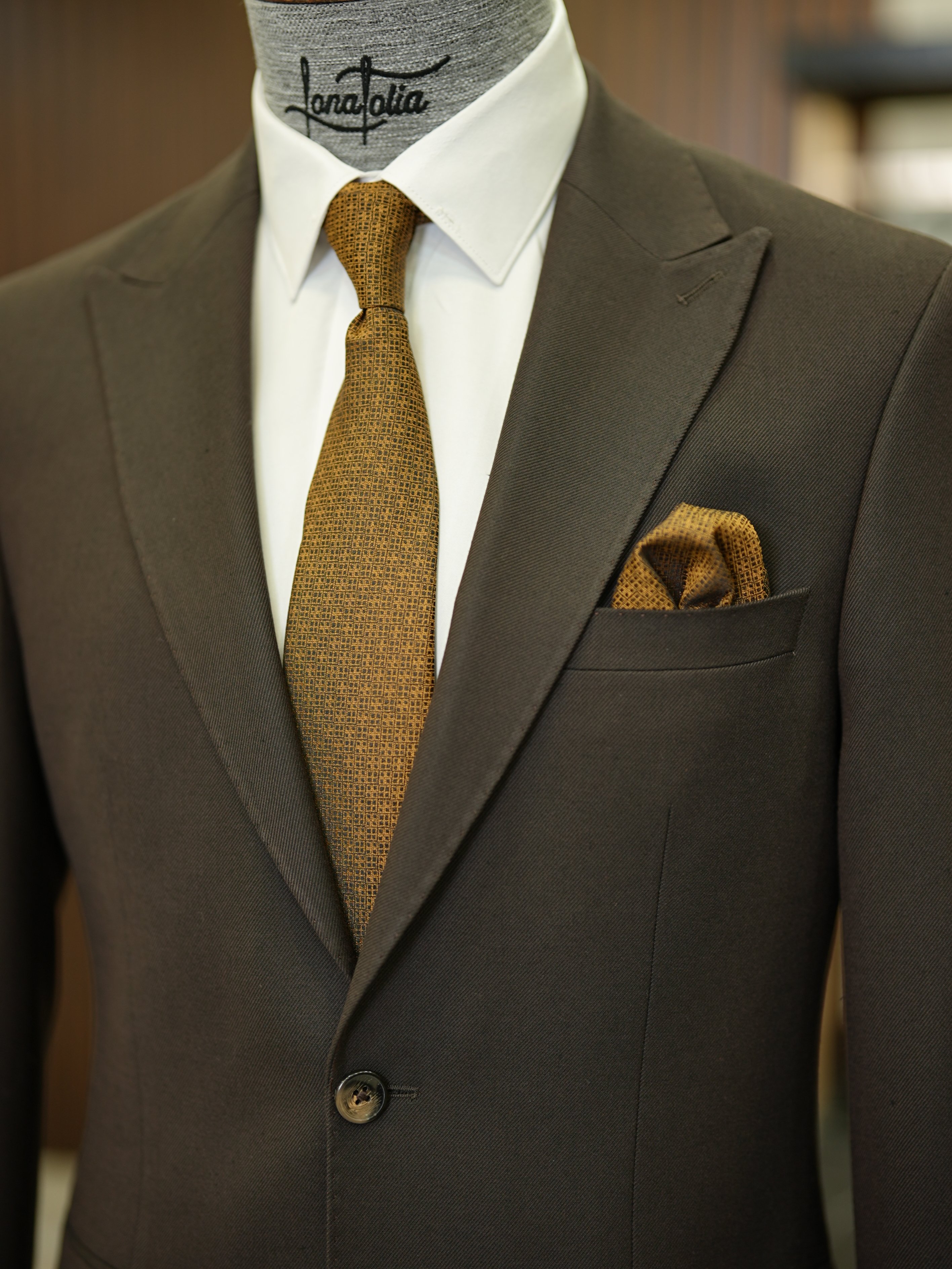 Premium Erkek Slim Fit İtalyan Stil Punto Dikişli Yarım Astarlı Takım Elbise Ceket Pantolon - Acı Kahve