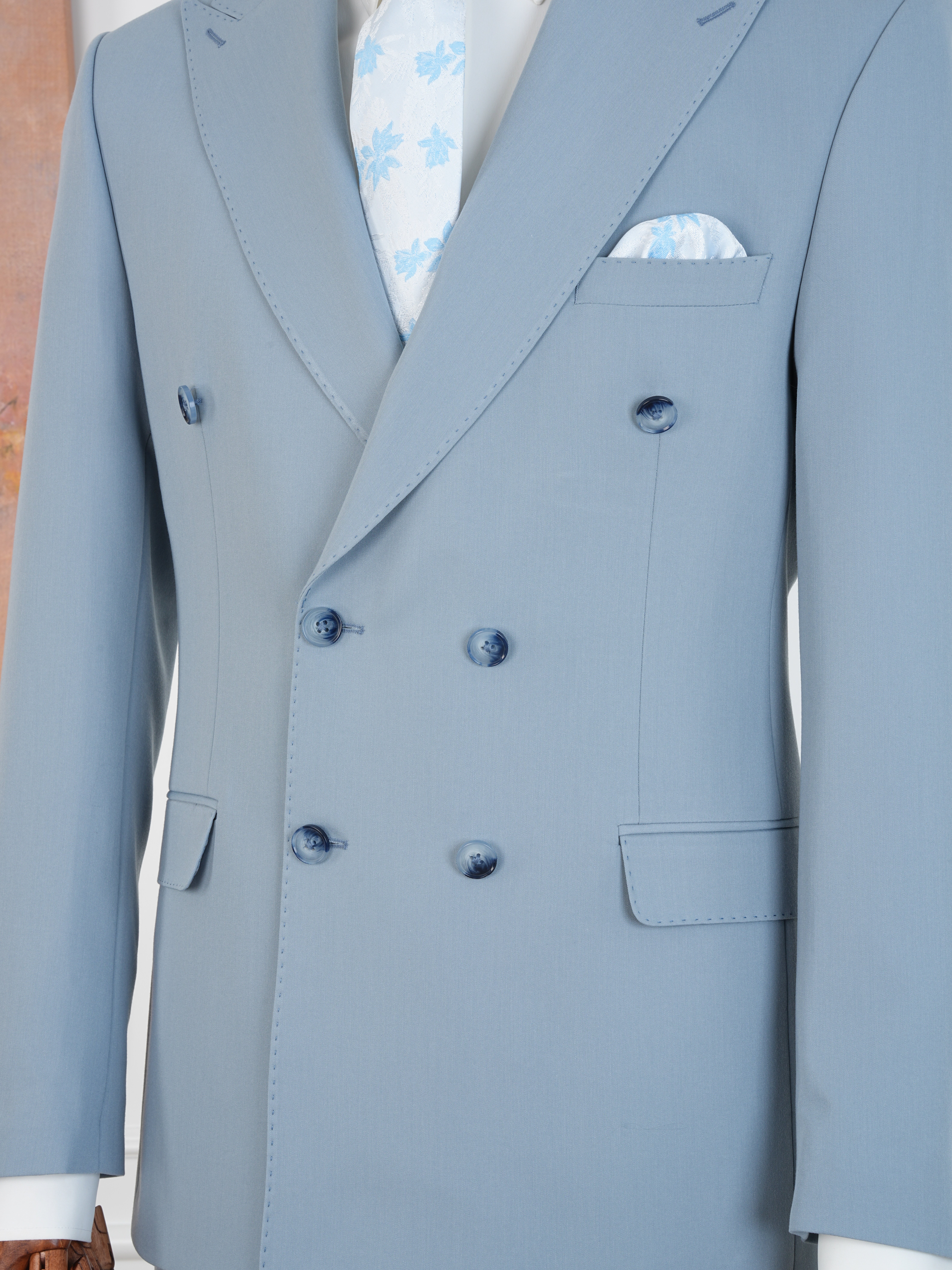 Premium Erkek Slim Fit İtalyan Stil Yarım Astarlı Kruvaze Takım Elbise - Buz Mavisi