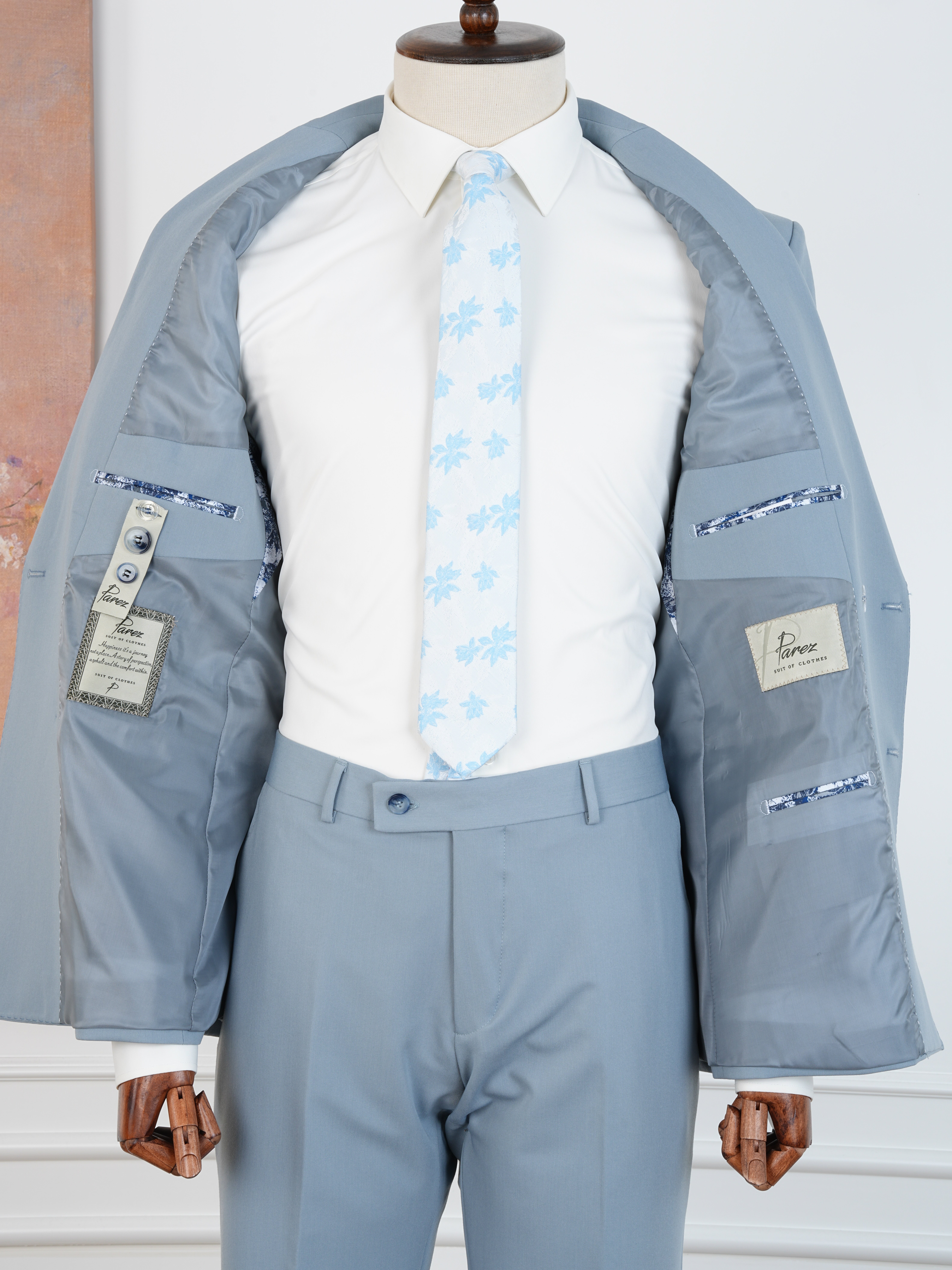 Premium Erkek Slim Fit İtalyan Stil Yarım Astarlı Kruvaze Takım Elbise - Buz Mavisi