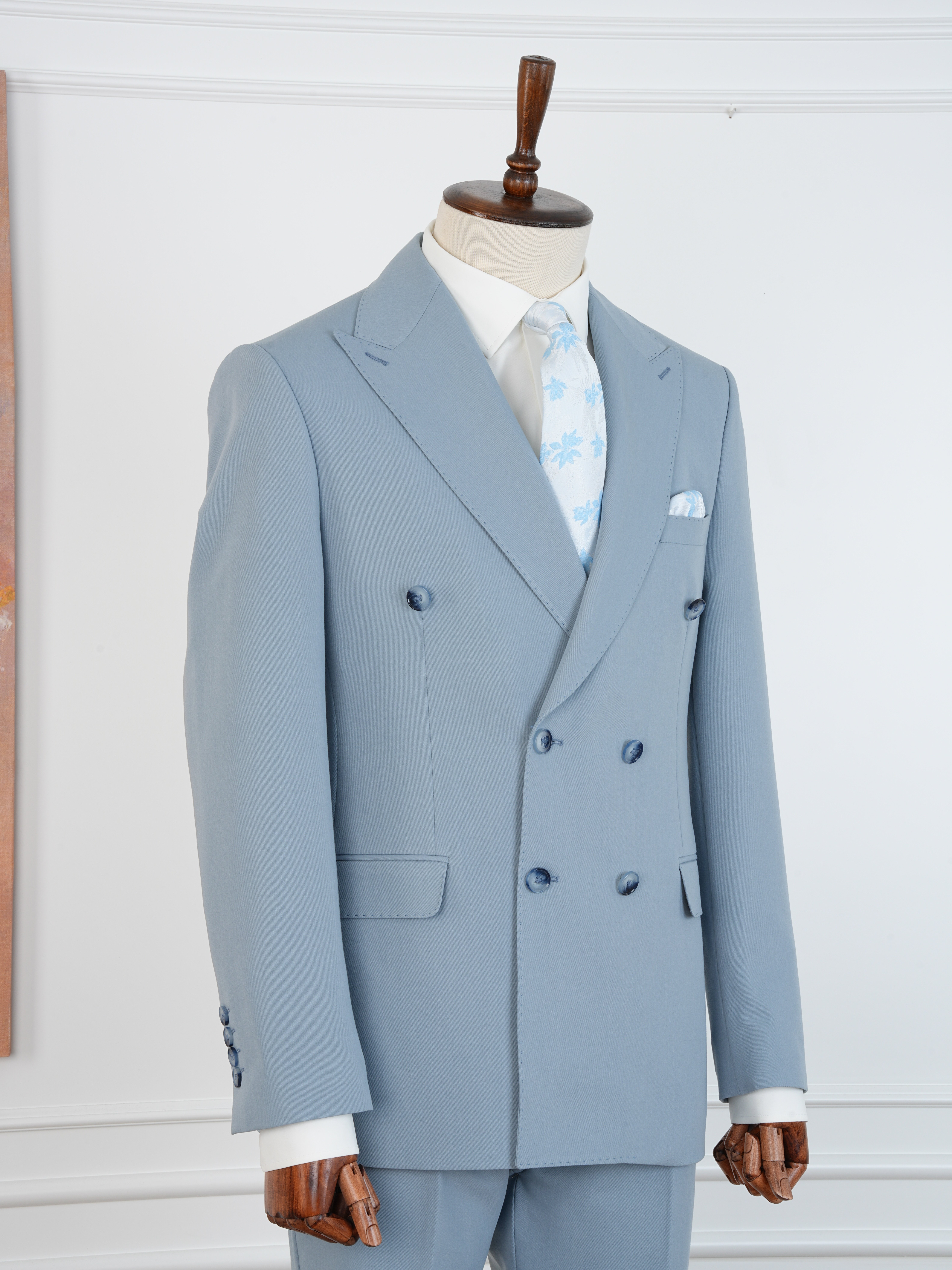 Premium Erkek Slim Fit İtalyan Stil Yarım Astarlı Kruvaze Takım Elbise - Buz Mavisi