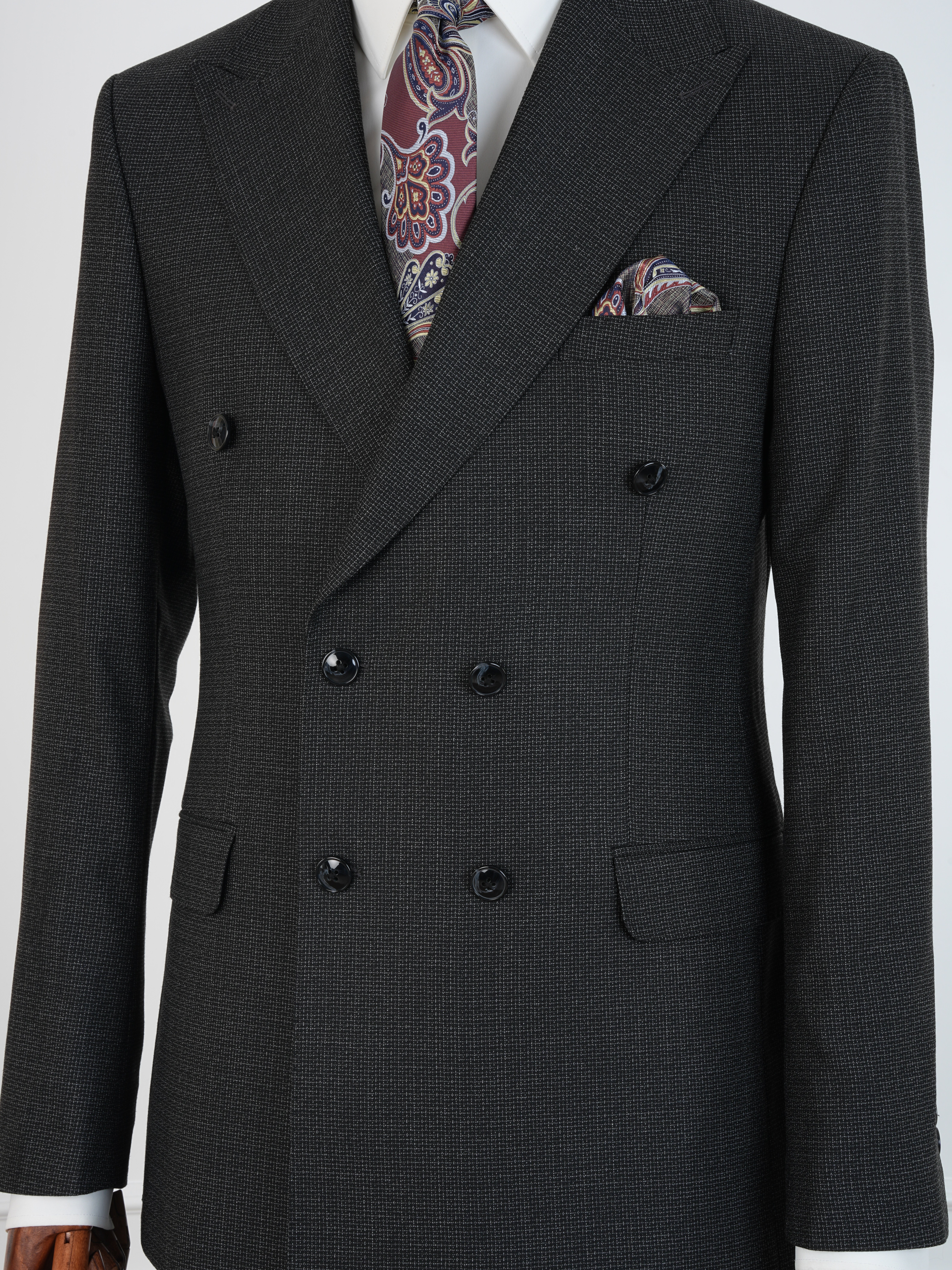 Premium Erkek Slim Fit İtalyan Stil Yarım Astarlı Kırcıllı Kruvaze Takım Elbise - Siyah