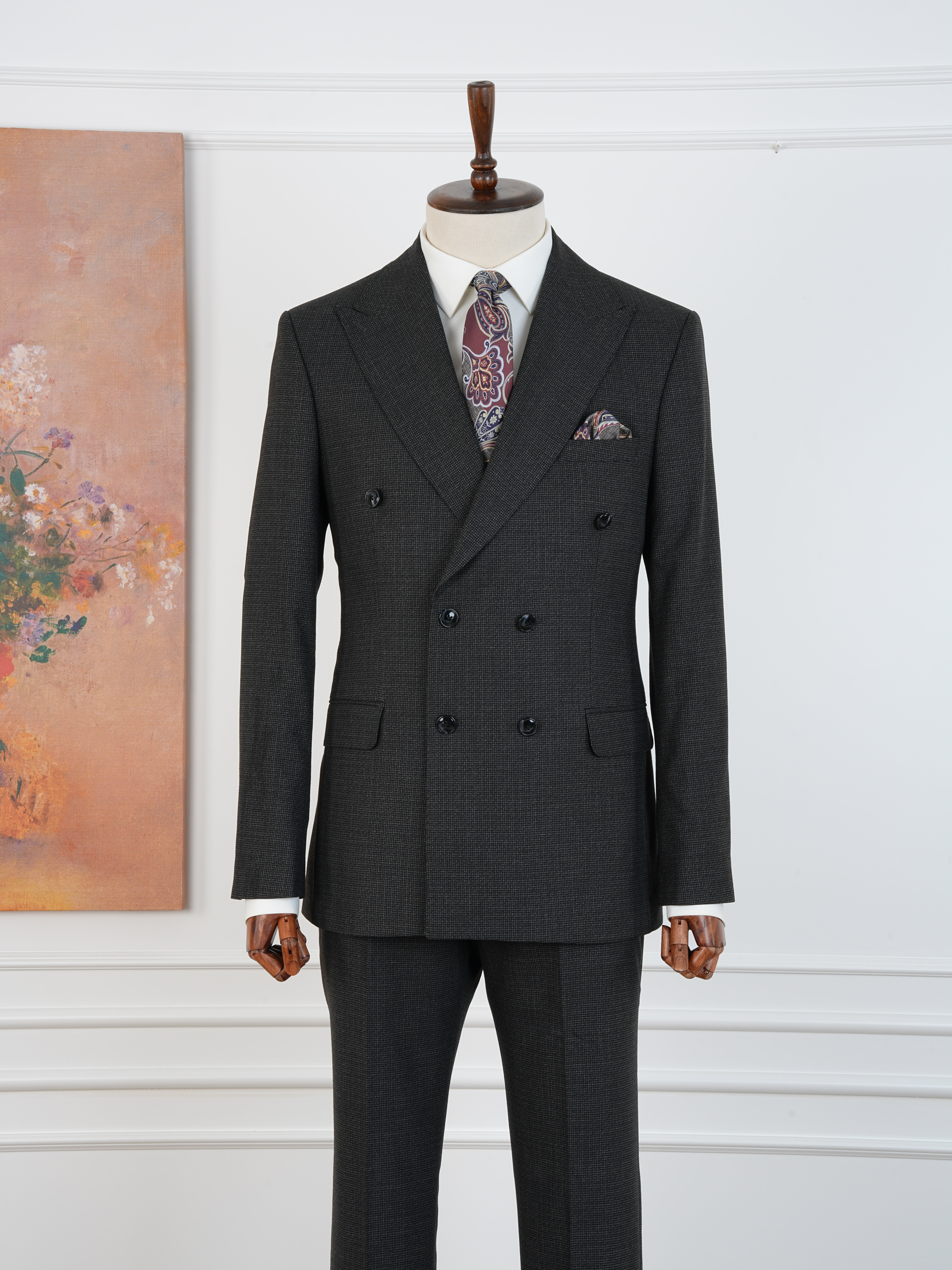 Premium Erkek Slim Fit İtalyan Stil Yarım Astarlı Kırcıllı Kruvaze Takım Elbise - Siyah