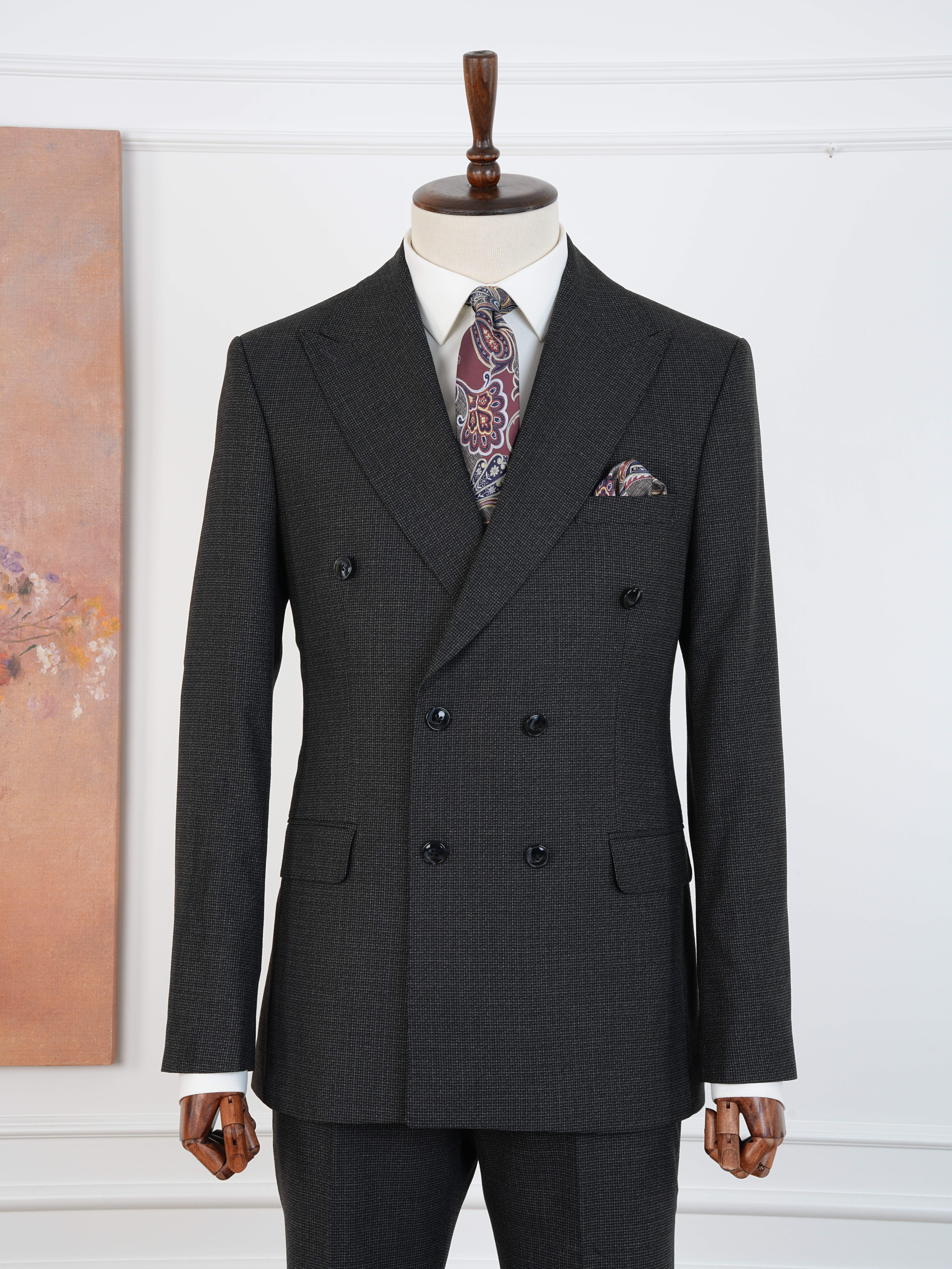 Premium Erkek Slim Fit İtalyan Stil Yarım Astarlı Kırcıllı Kruvaze Takım Elbise - Siyah