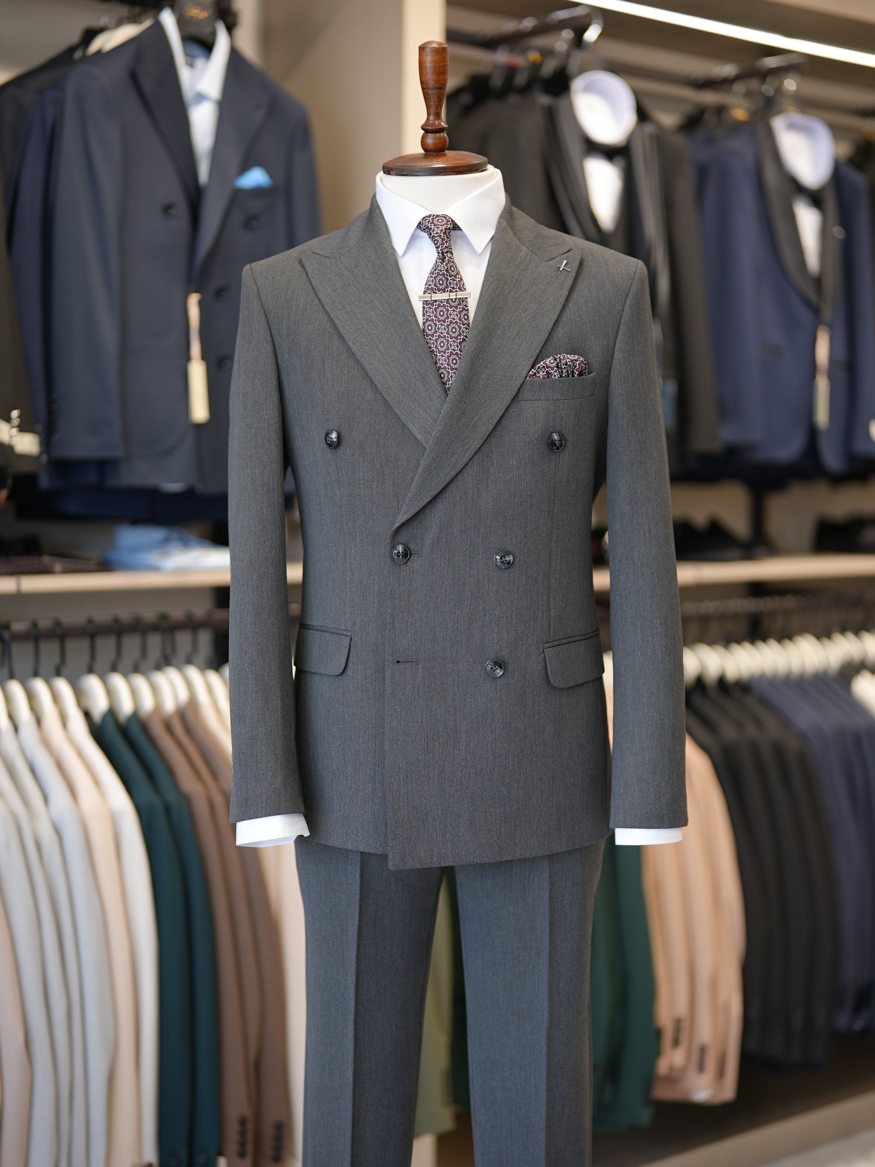 Premium Slim Fit İtalyan Stil Kruvaze Takım Elbise - Ceket Pantolon - Füme