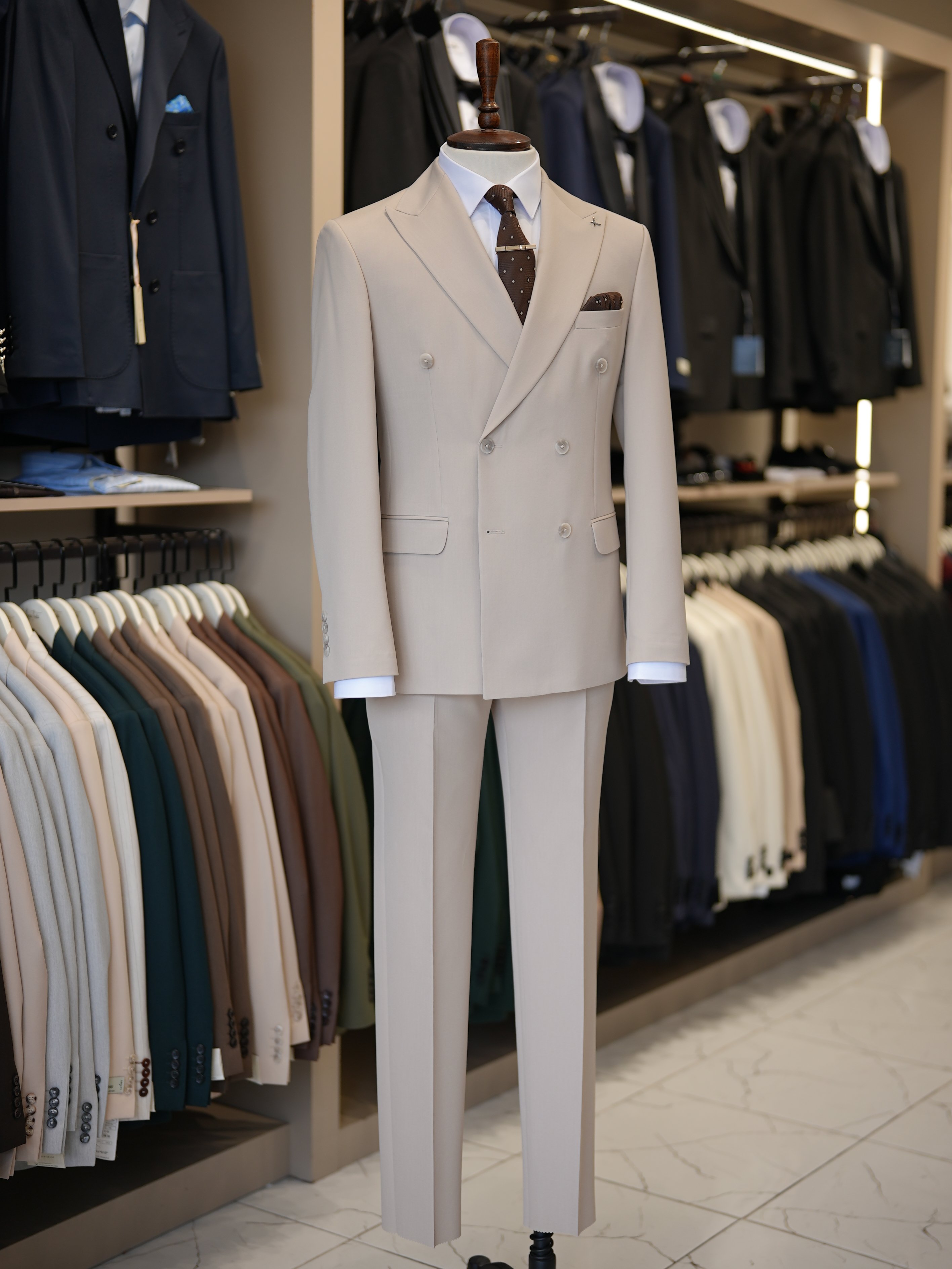 Premium Slim Fit İtalyan Stil Kruvaze Takım Elbise - Ceket Pantolon - Bej