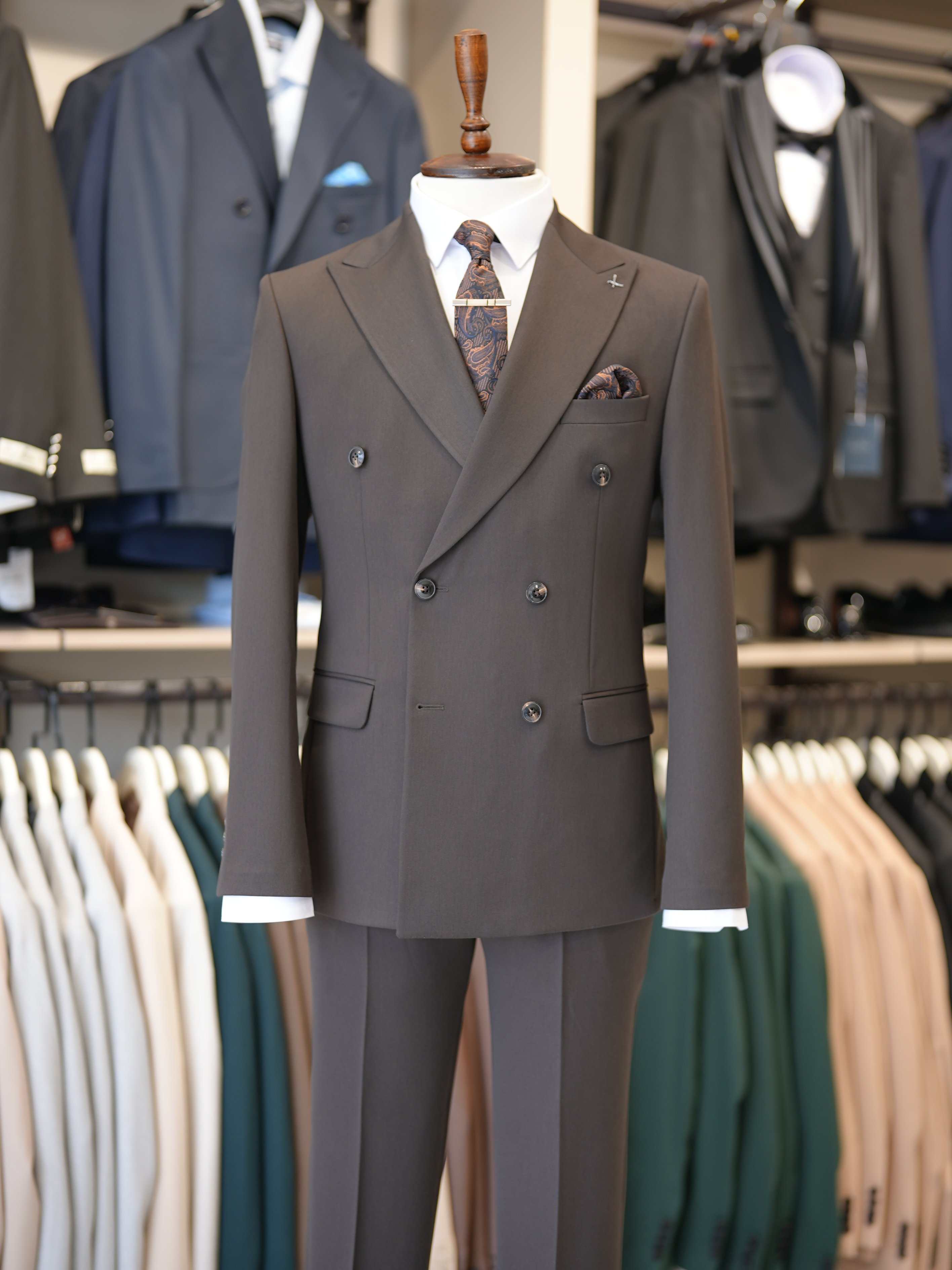 Premium Slim Fit İtalyan Stil Kruvaze Takım Elbise - Ceket Pantolon - Acı Kahve