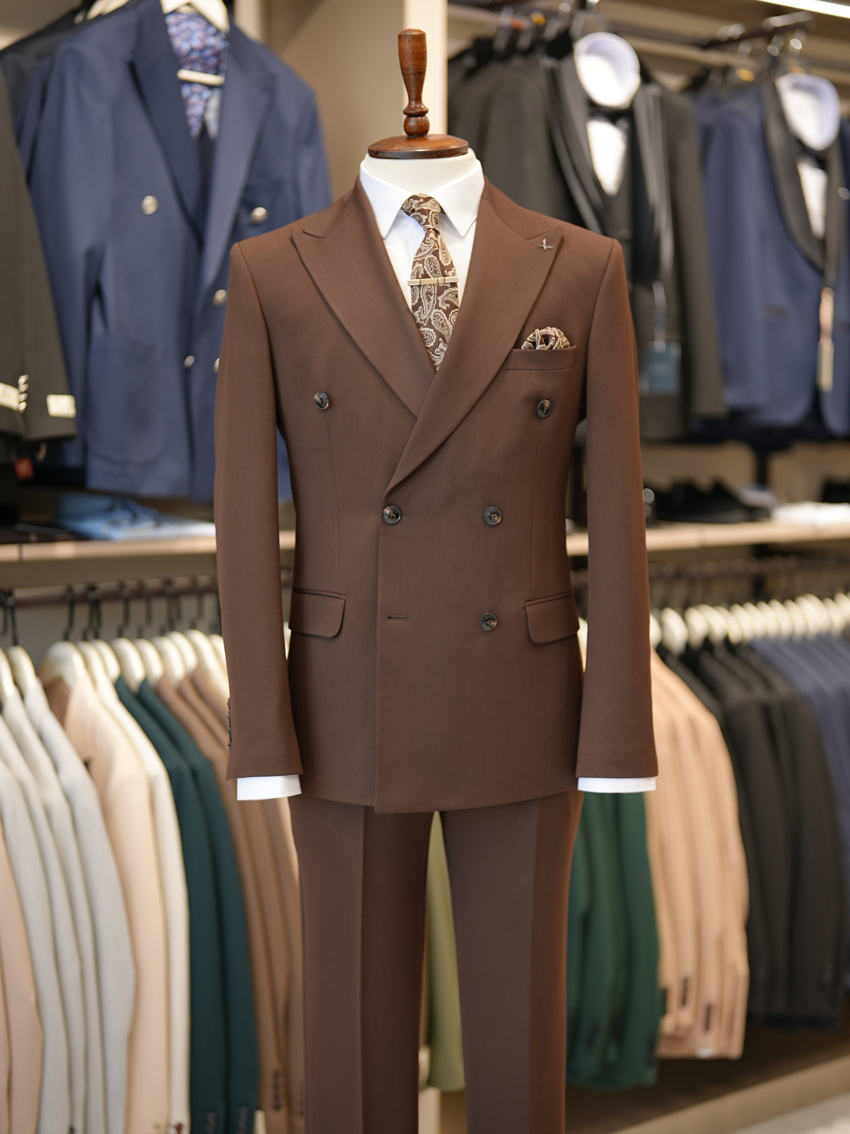 Premium Slim Fit İtalyan Stil Kruvaze Takım Elbise - Ceket Pantolon - Kahve
