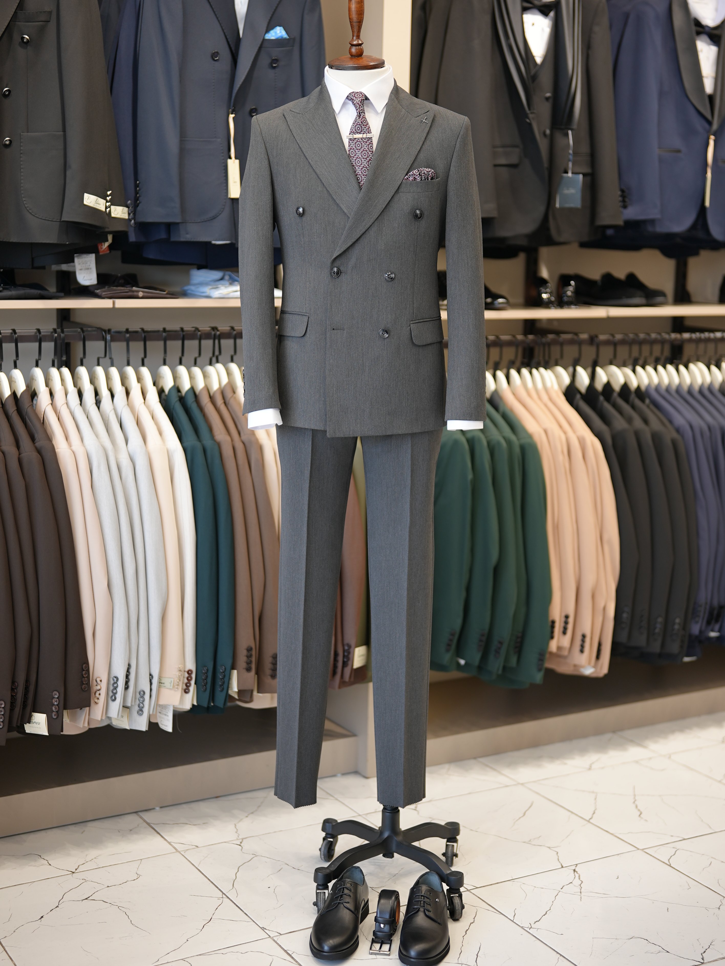 Premium Slim Fit İtalyan Stil Kruvaze Takım Elbise - Ceket Pantolon - Füme