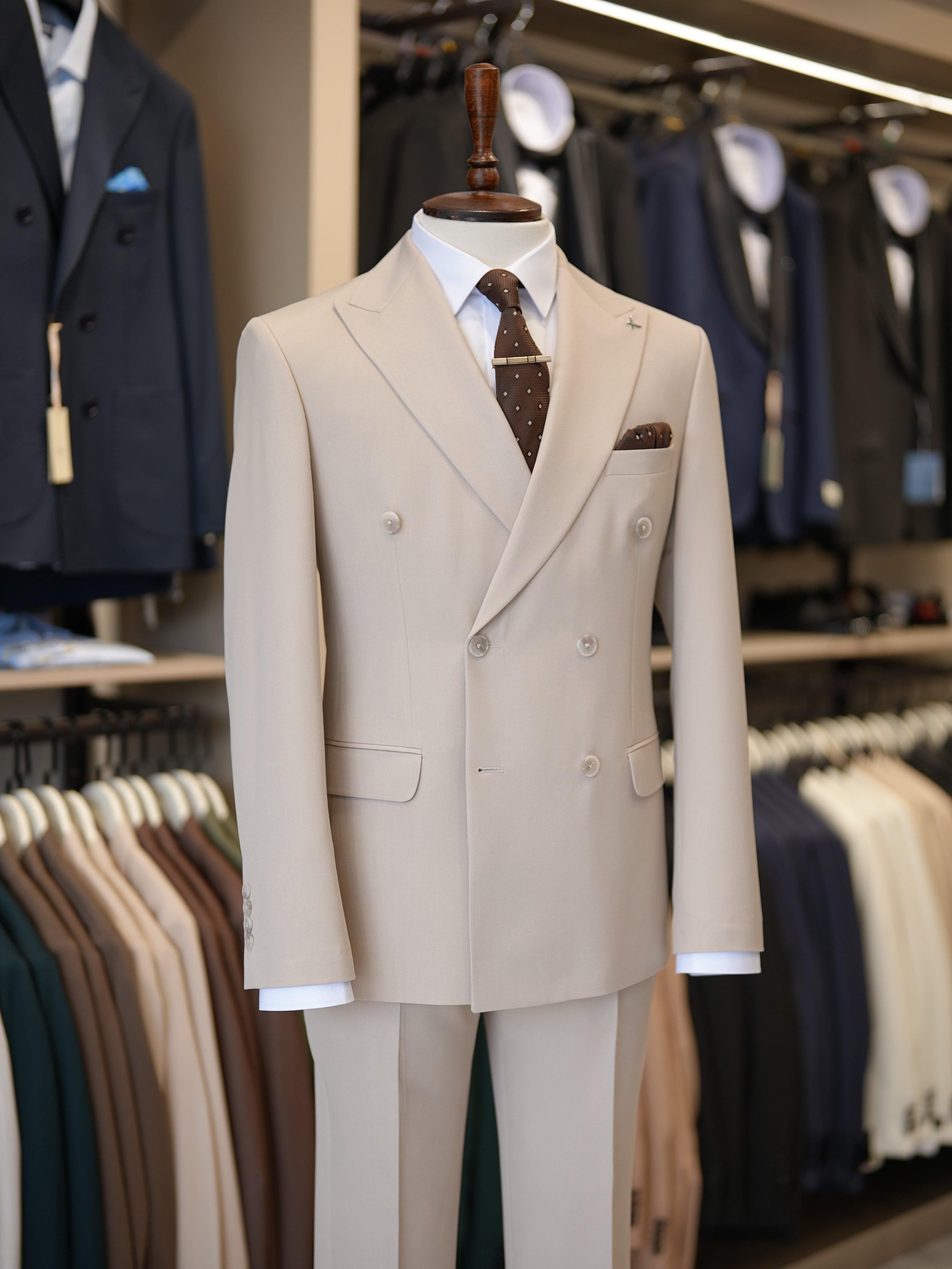 Premium Slim Fit İtalyan Stil Kruvaze Takım Elbise - Ceket Pantolon - Bej