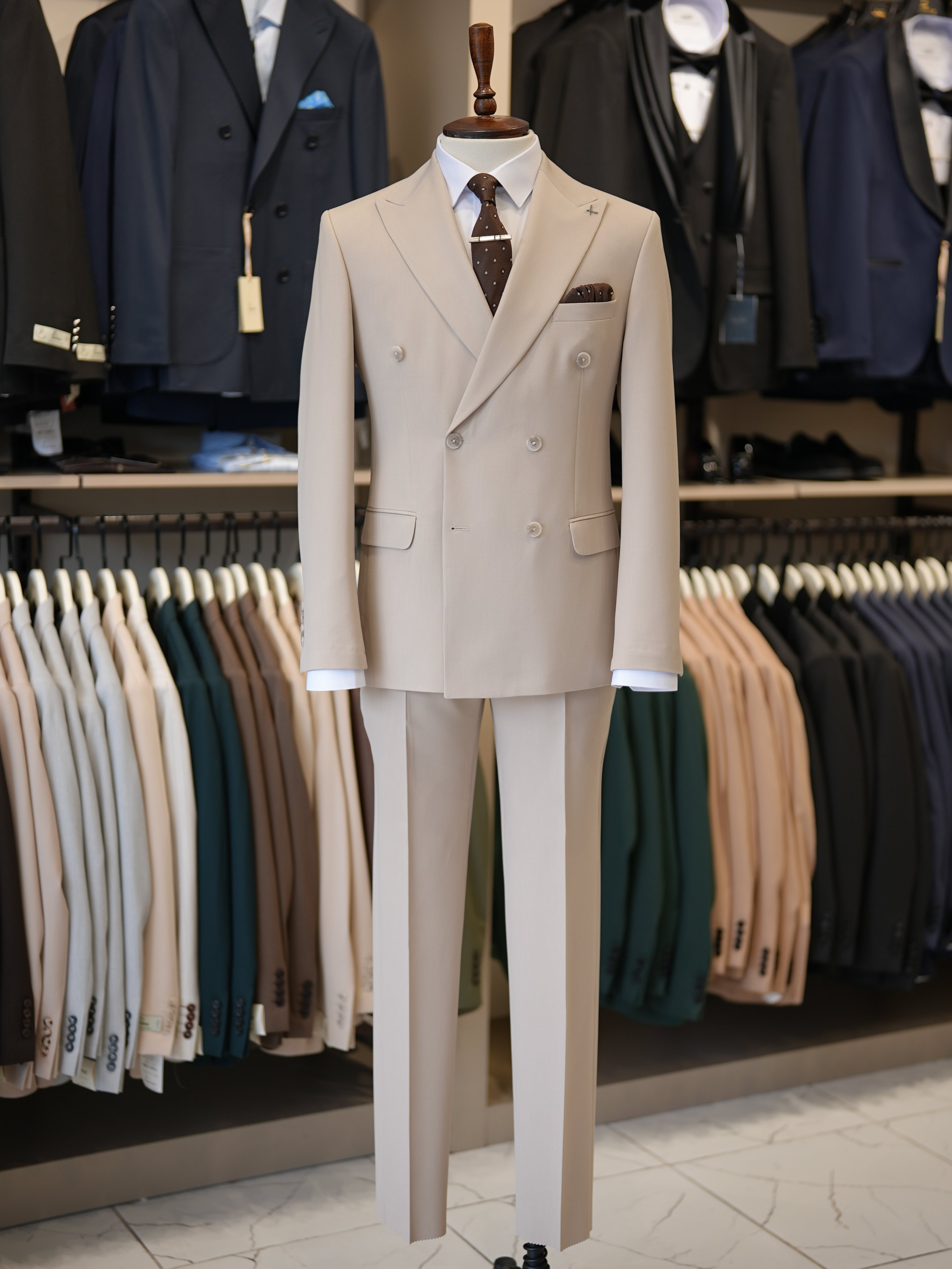 Premium Slim Fit İtalyan Stil Kruvaze Takım Elbise - Ceket Pantolon - Bej