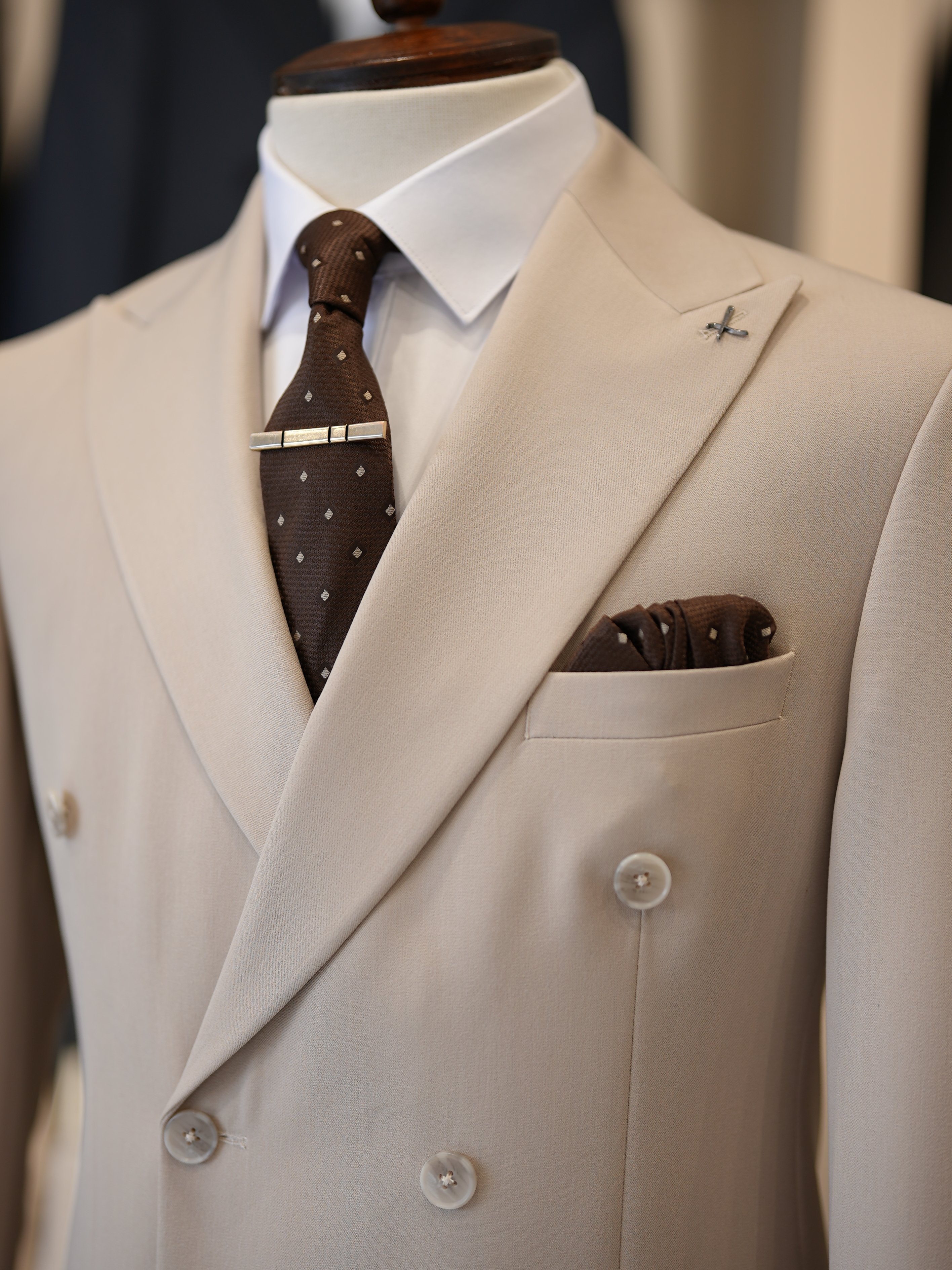 Premium Slim Fit İtalyan Stil Kruvaze Takım Elbise - Ceket Pantolon - Bej