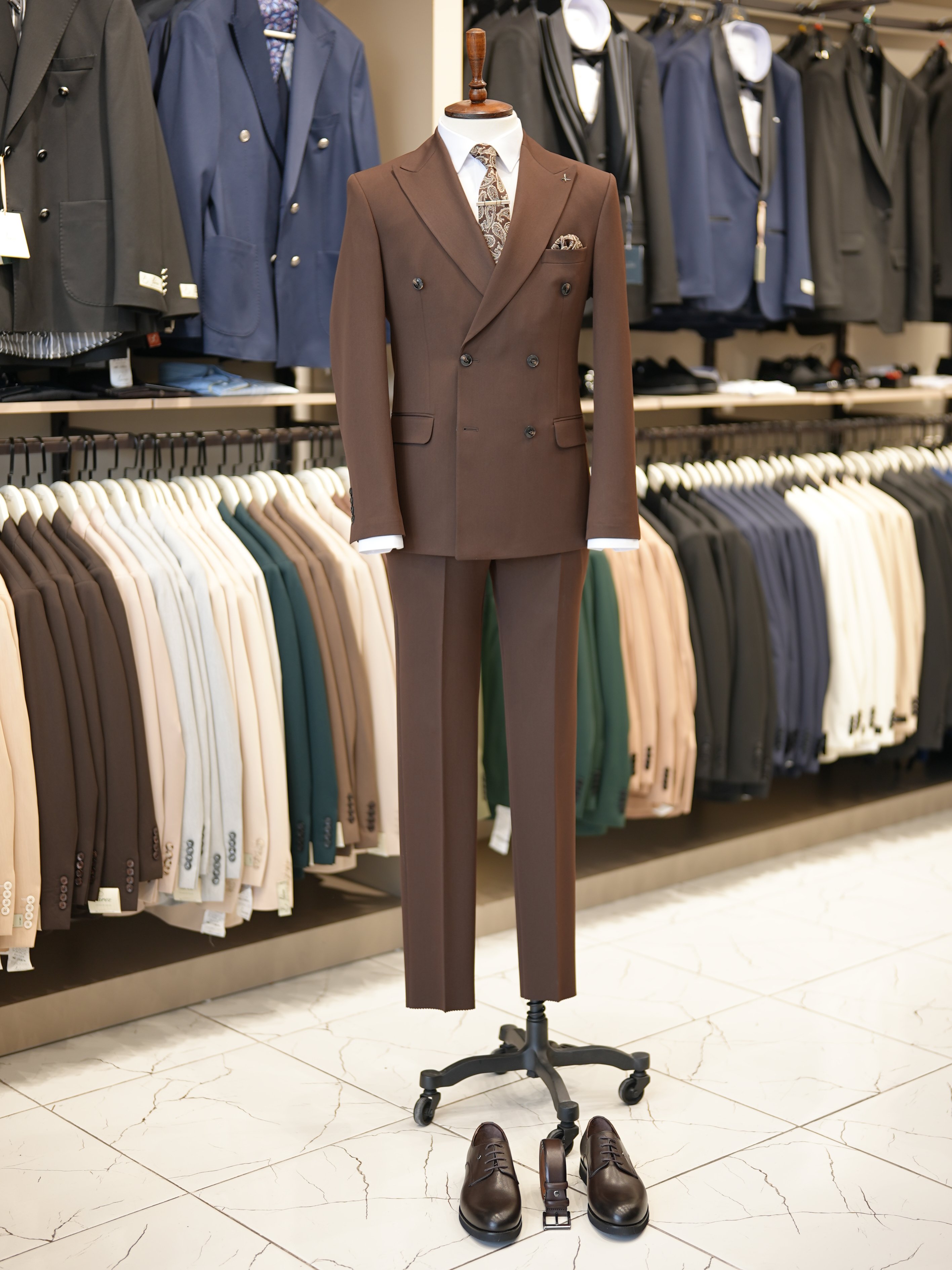 Premium Slim Fit İtalyan Stil Kruvaze Takım Elbise - Ceket Pantolon - Kahve