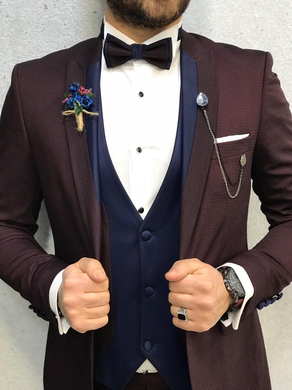 Slim Fit Smokin Damatlık Ceket Yelek Pantolon Papyon - Bordo