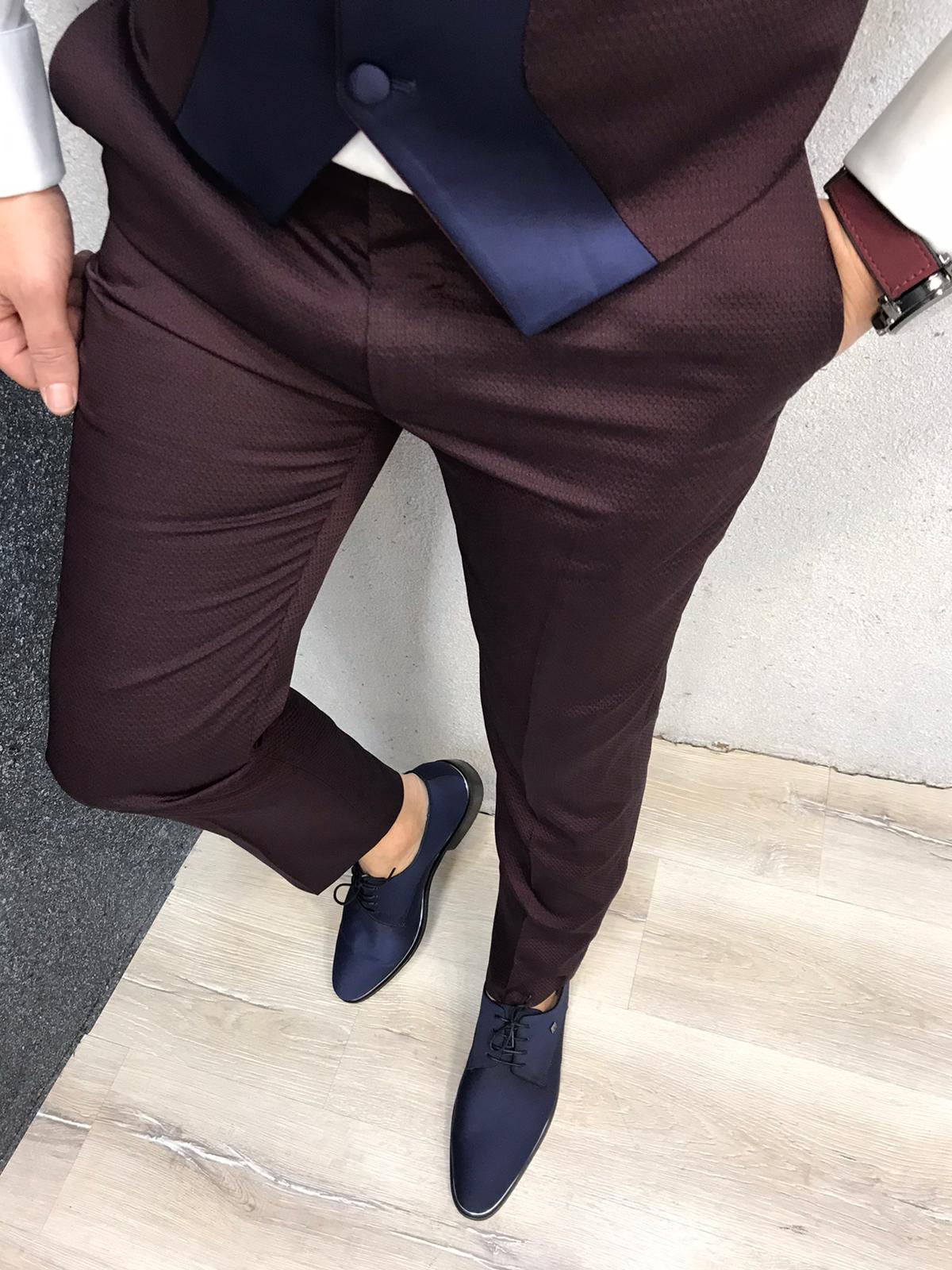 Slim Fit Smokin Damatlık Ceket Yelek Pantolon Papyon - Bordo